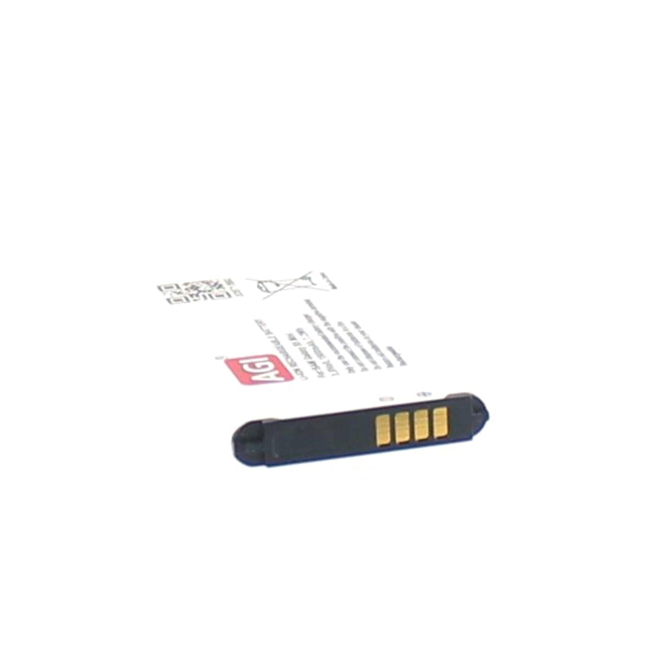 Schwarzer Akku mit goldenen Kontakten und weißem Etikett mit Text und QR-Code.