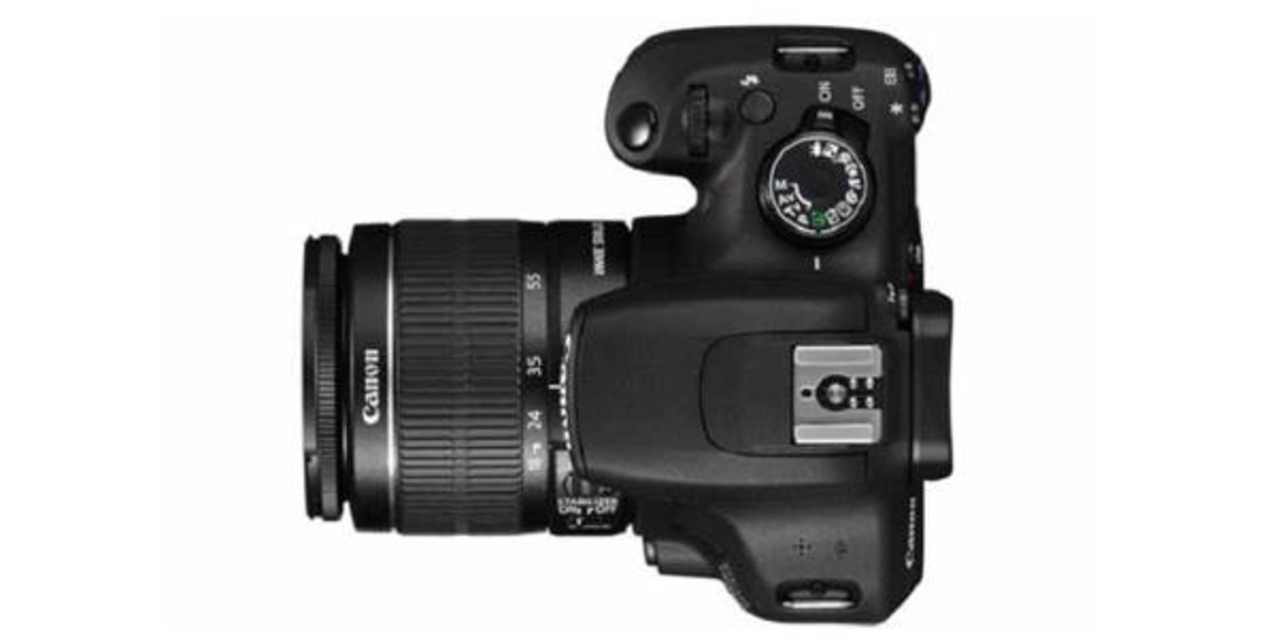 Una fotocamera Canon nera con obiettivo, vista dall'alto.