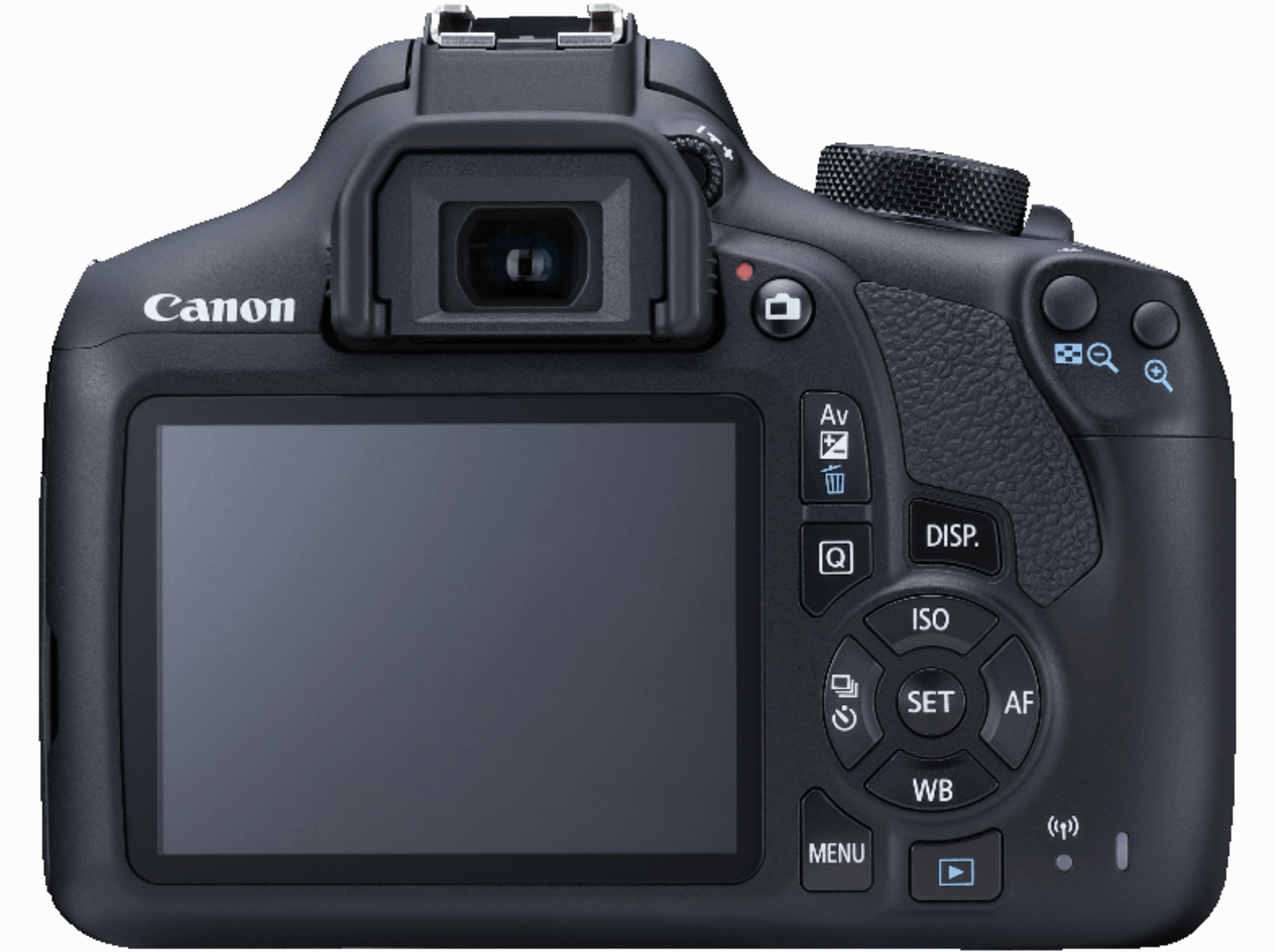 Vista posteriore di una fotocamera digitale Canon nera con schermo LCD e pulsanti.