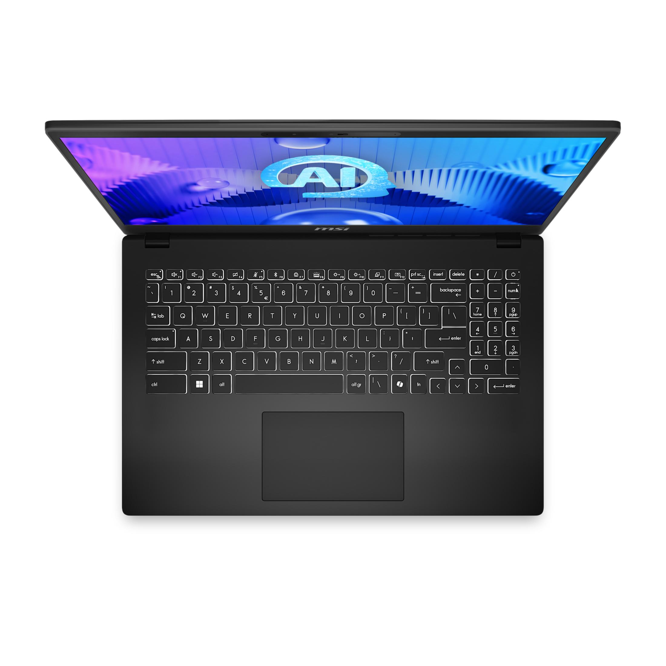 Vista superior de un portátil MSI negro abierto con logotipo de IA en la pantalla.
