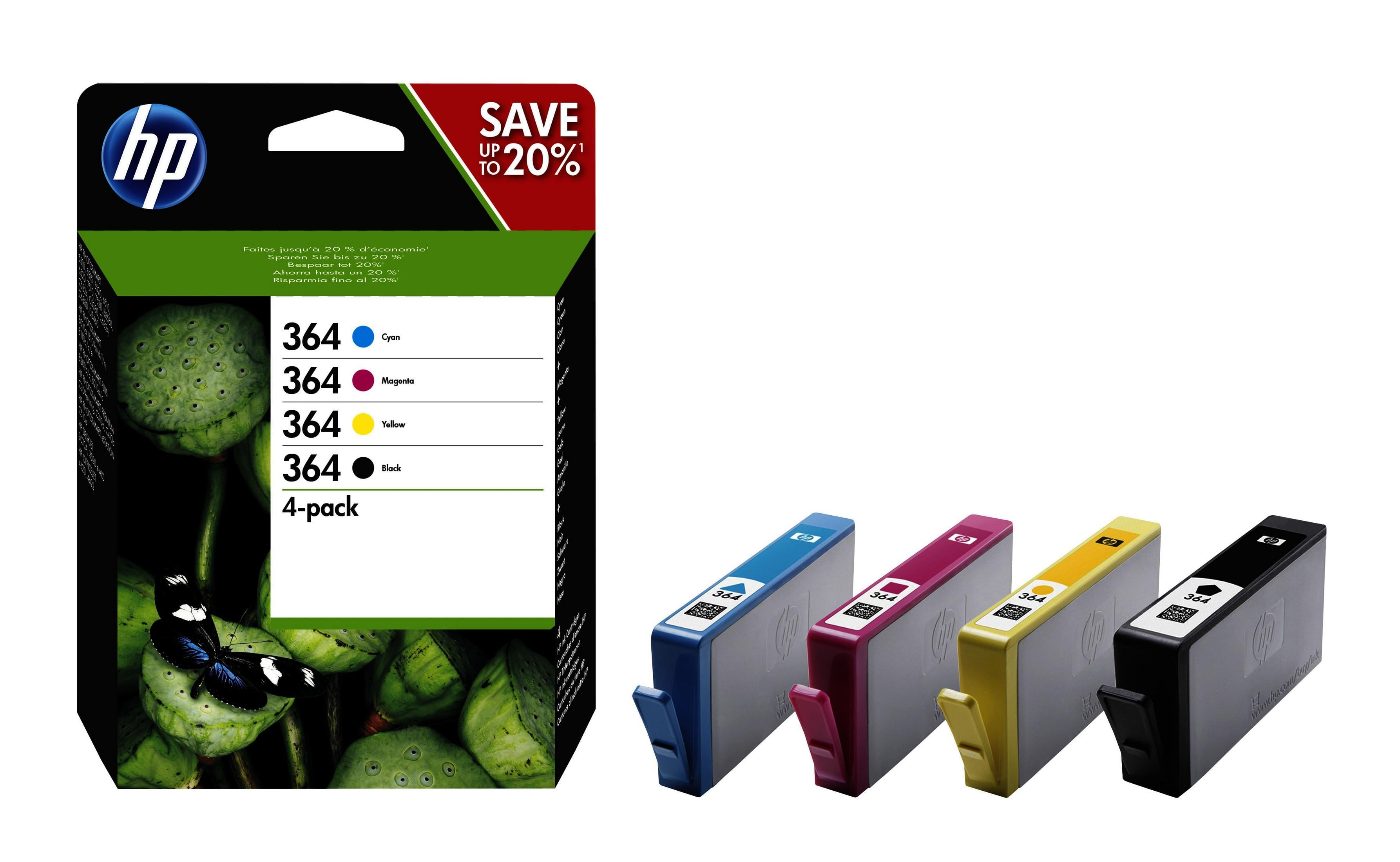 Cartuchos de tinta HP 364: 1x Cian, Magenta, Amarillo, Negro. Paquete de 4.