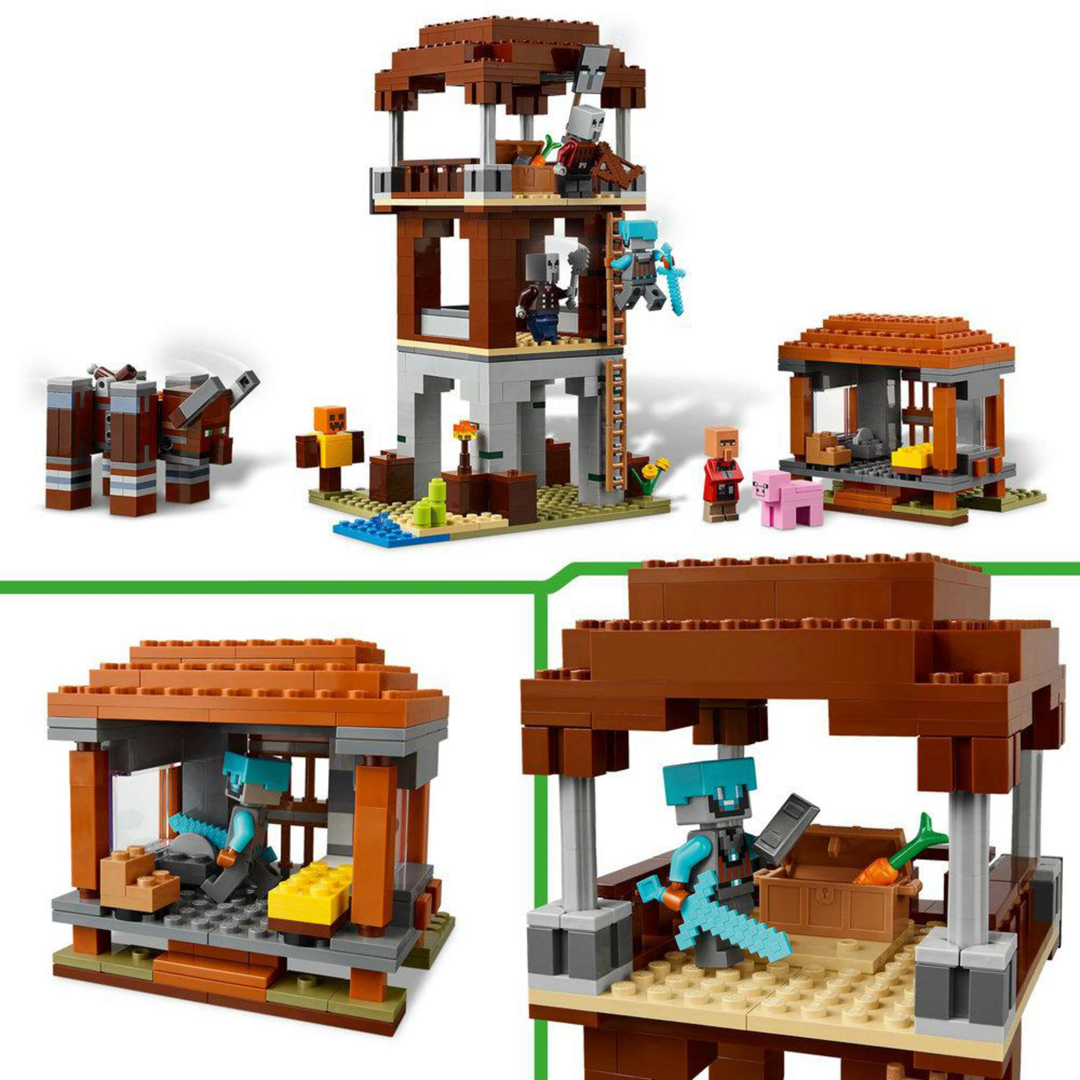 Set LEGO Minecraft con figure, un cavallo ed edifici.