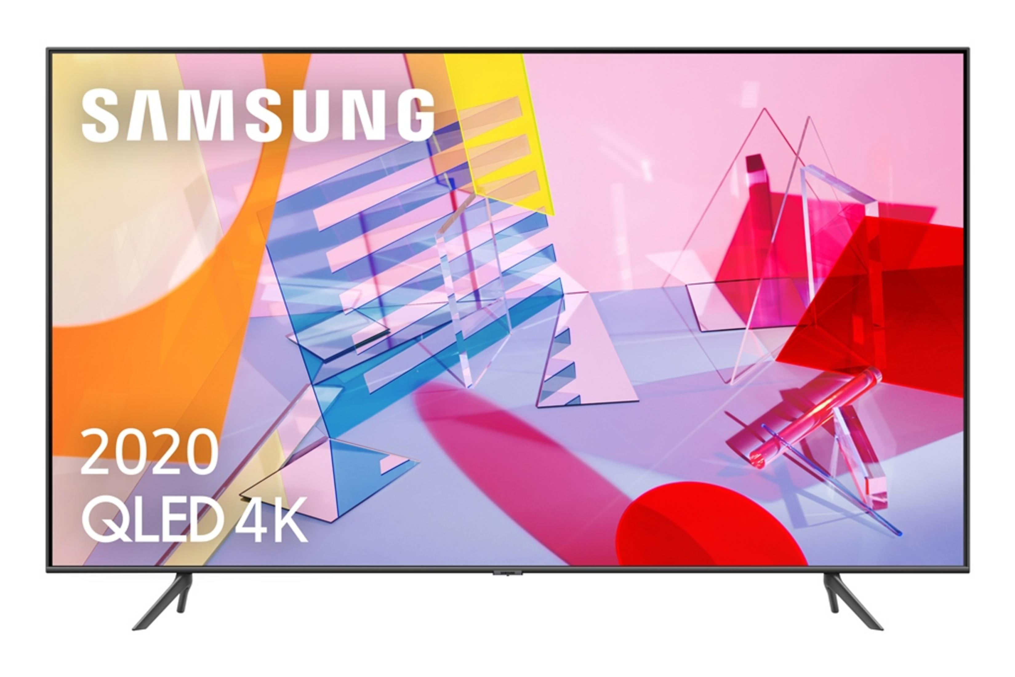 Samsung 2020 QLED 4K TV mit abstraktem Hintergrund in Pink und Blau.