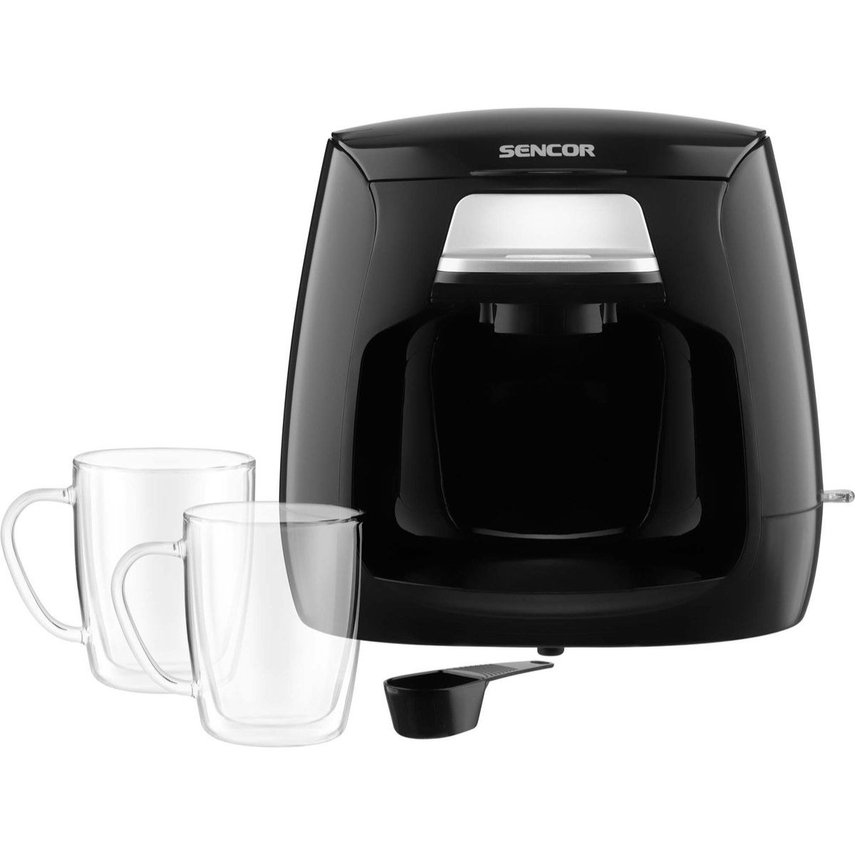 Macchina da caffè Sencor nera con due tazze di vetro e un misurino nero.