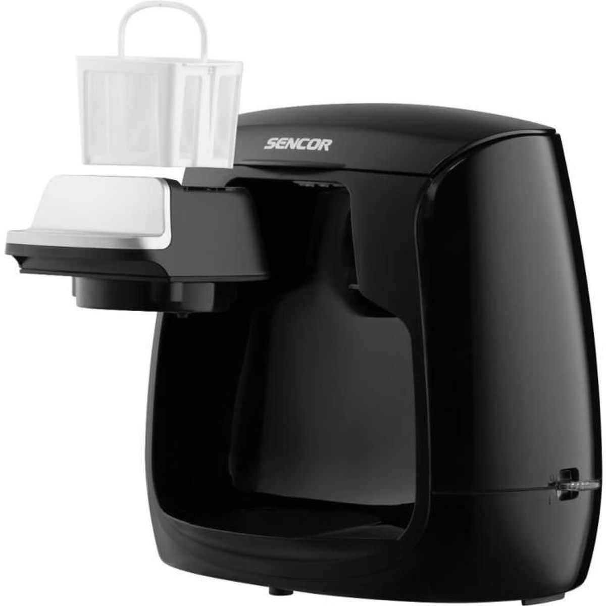 Macchina da caffè nera con portafiltro bianco e logo SENCOR.