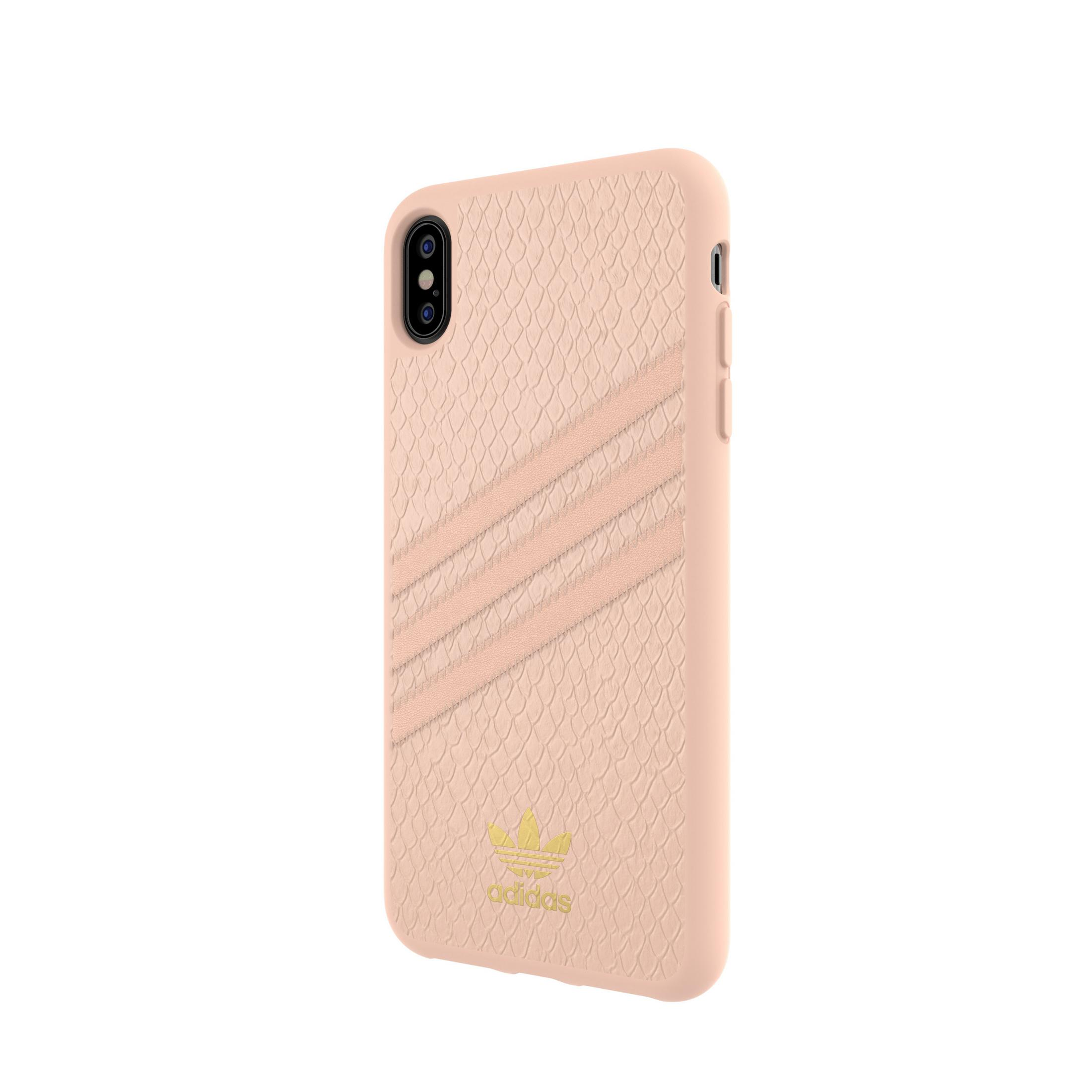 Ein hellrosa Adidas Handyhülle mit Schlangenmuster und drei Streifen.
