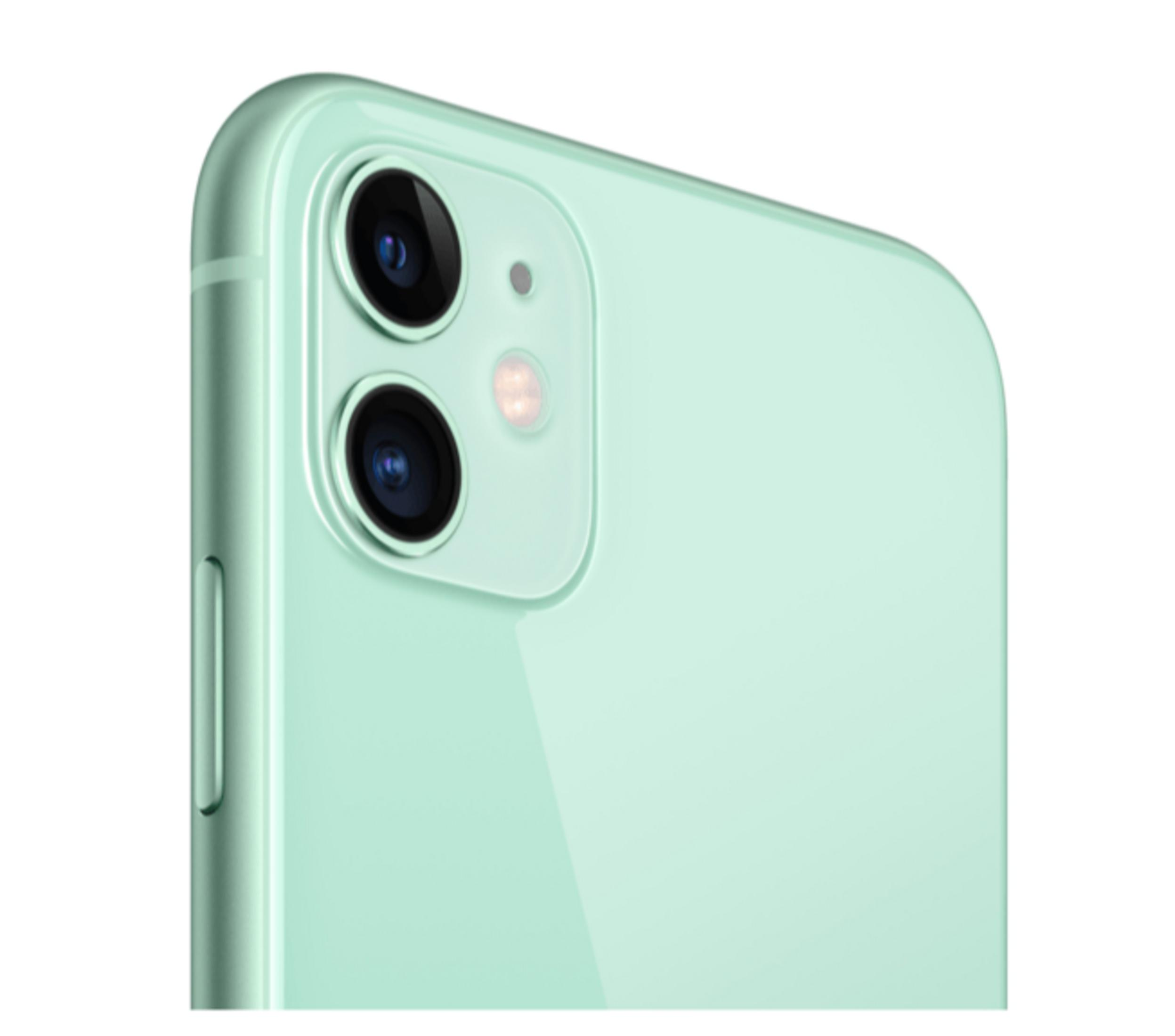 Retro di un iPhone verde menta con due fotocamere, isolato su sfondo bianco.