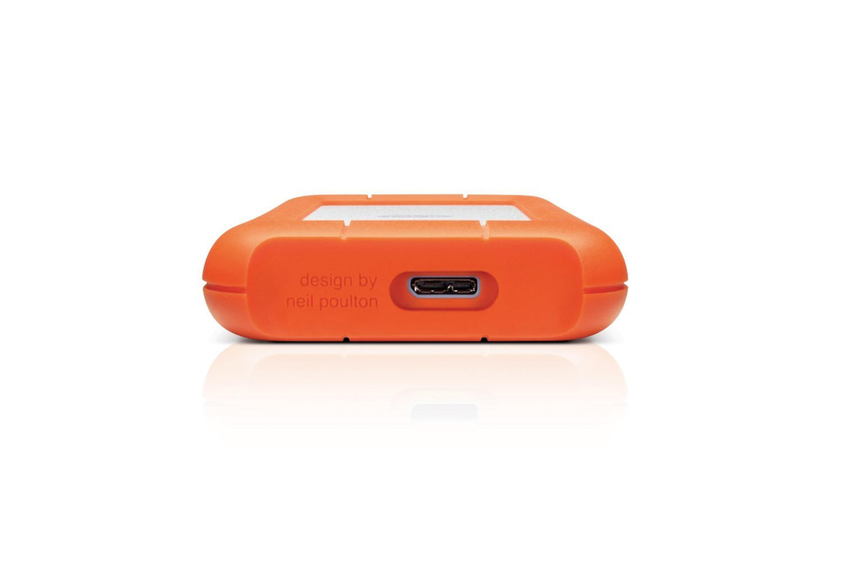 Hard disk esterno arancione con porta USB-C e testo 'design by neil poulton'.