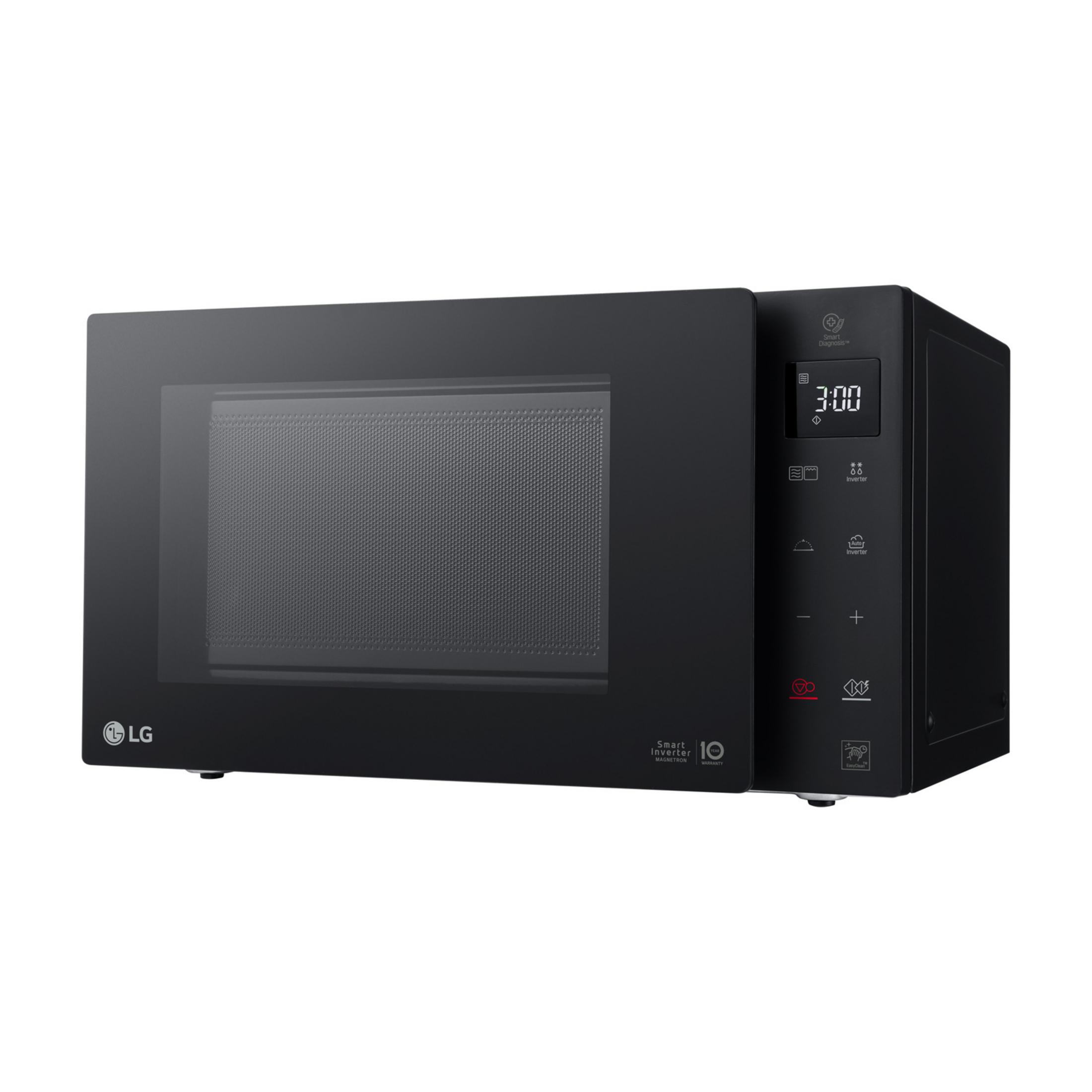 Een zwarte LG Smart Inverter magnetron met digitaal display dat 3:00 toont.
