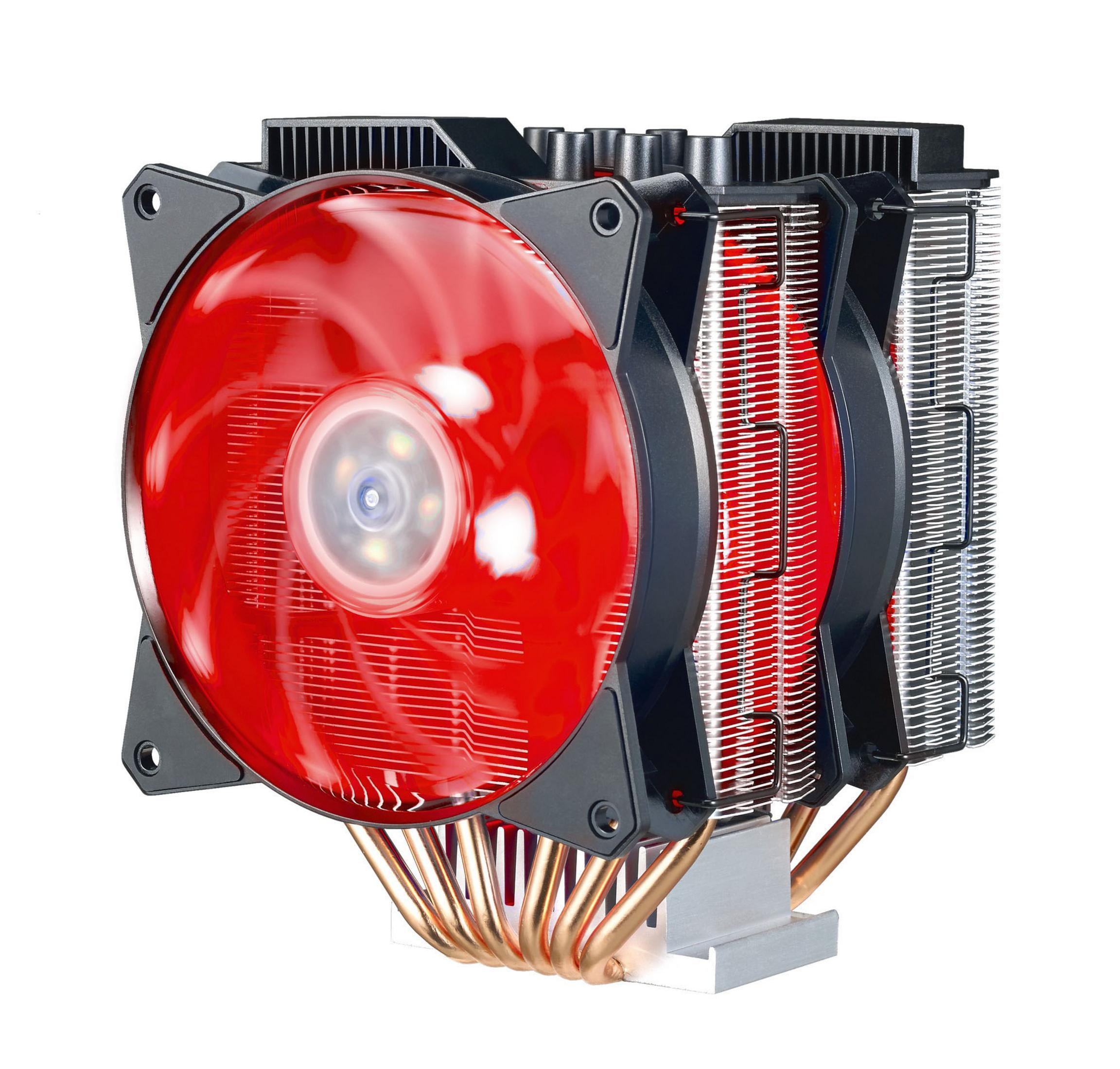 Un dissipatore CPU rosso con heatpipe in rame e alette argentate.