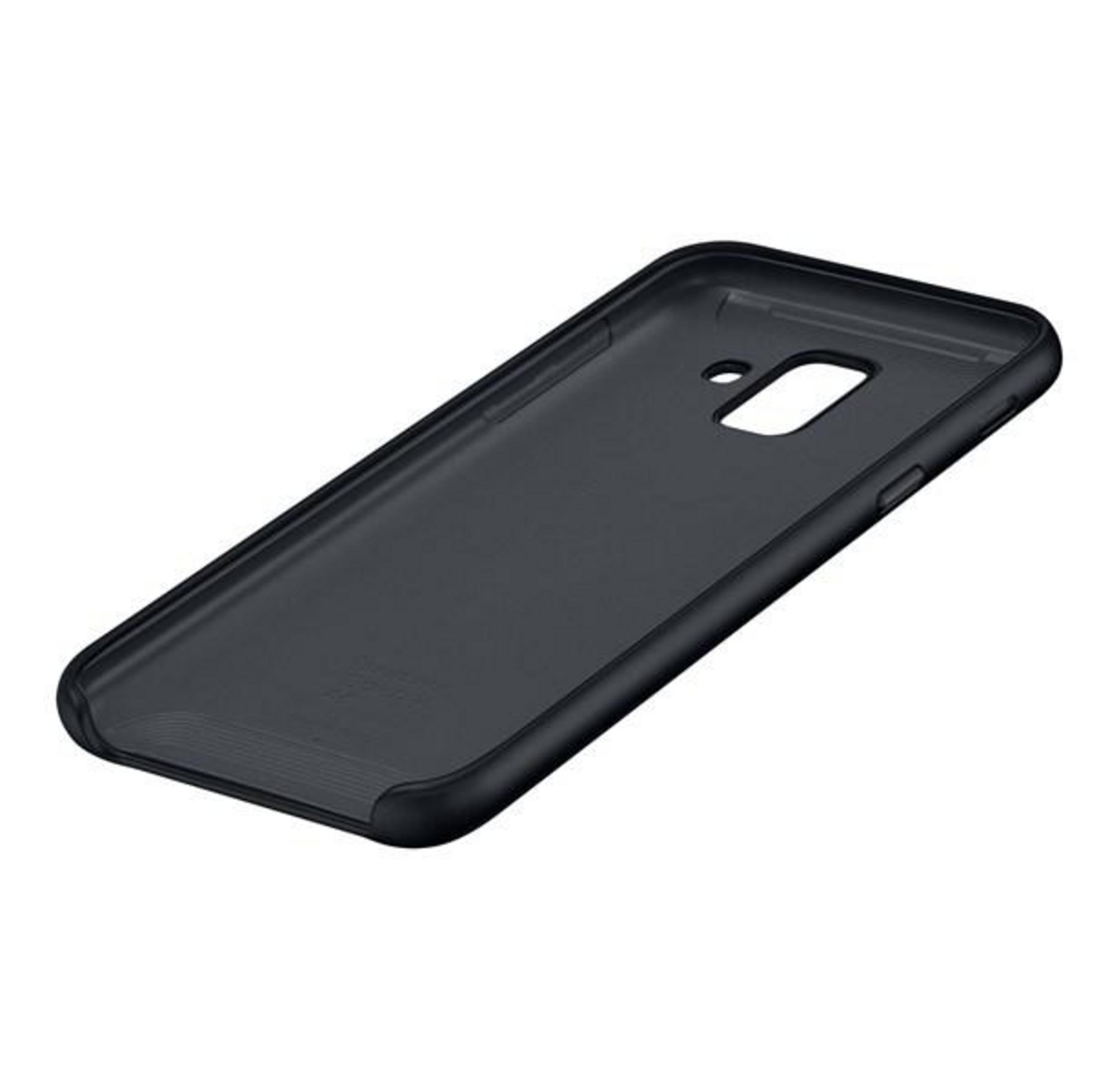 Una cover nera per telefono con ritagli per fotocamera e pulsanti.