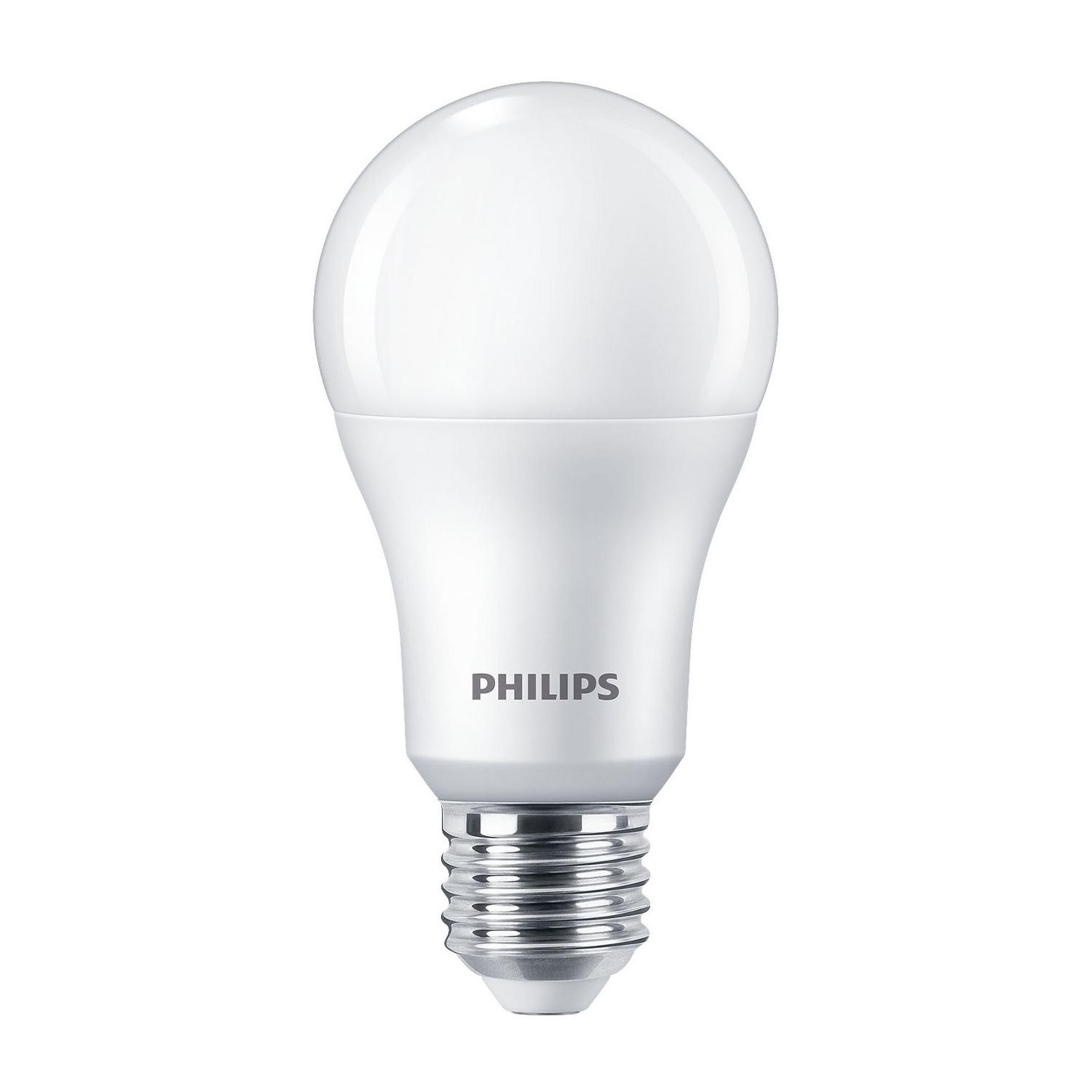 Una bombilla LED Philips blanca con base metálica sobre fondo blanco.