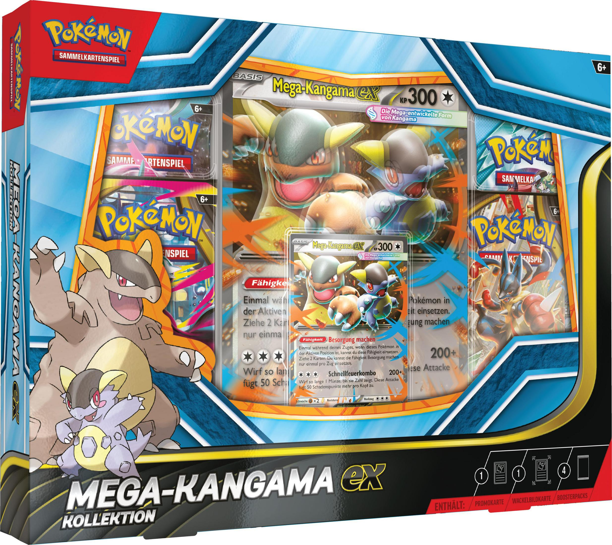 Pokémon Sammelkarten-Box mit Mega-Kangama EX und Spielkarten.