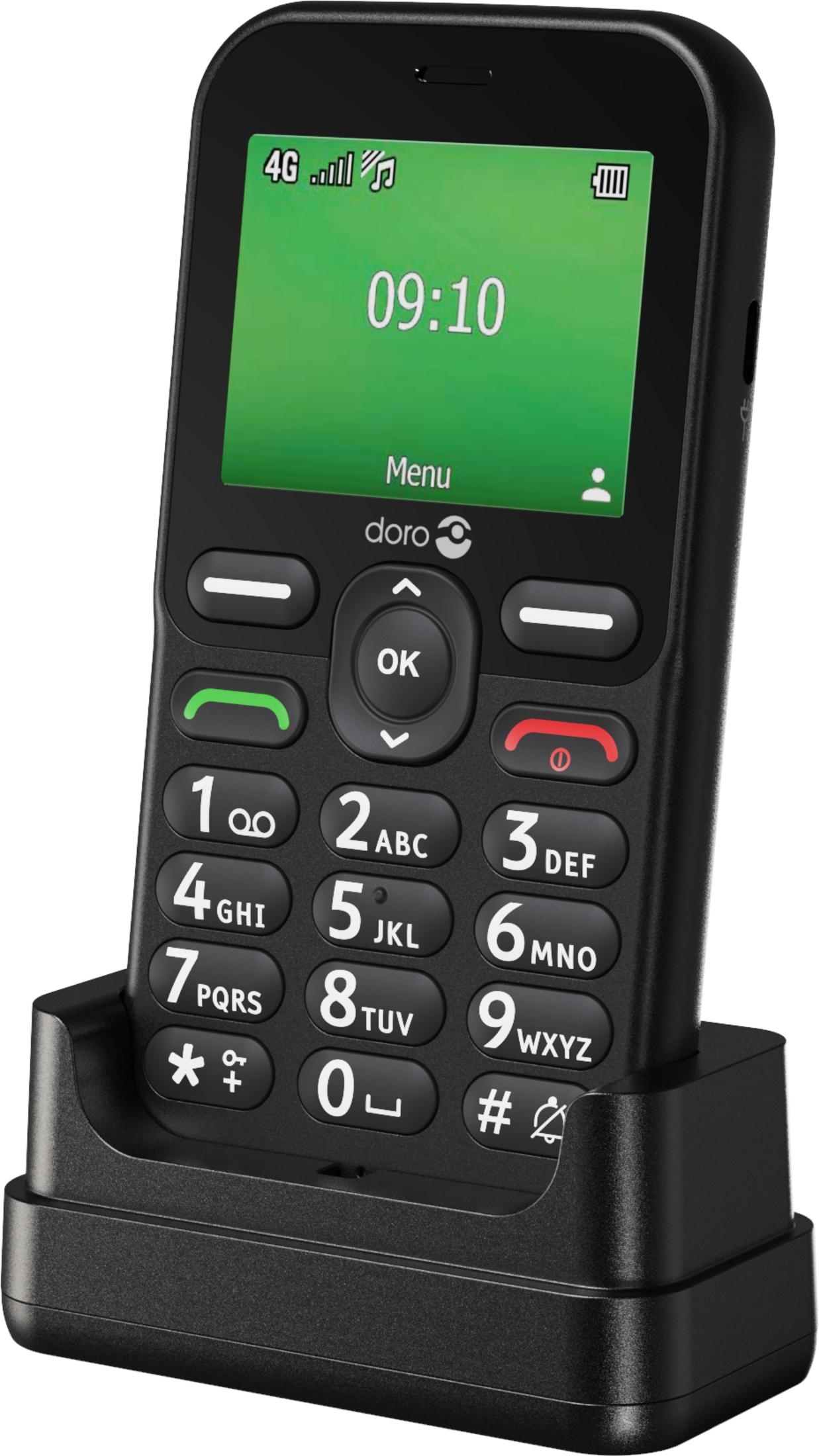 Un telefono Doro nero con schermo verde che mostra le 09:10, posizionato nella sua base di ricarica.