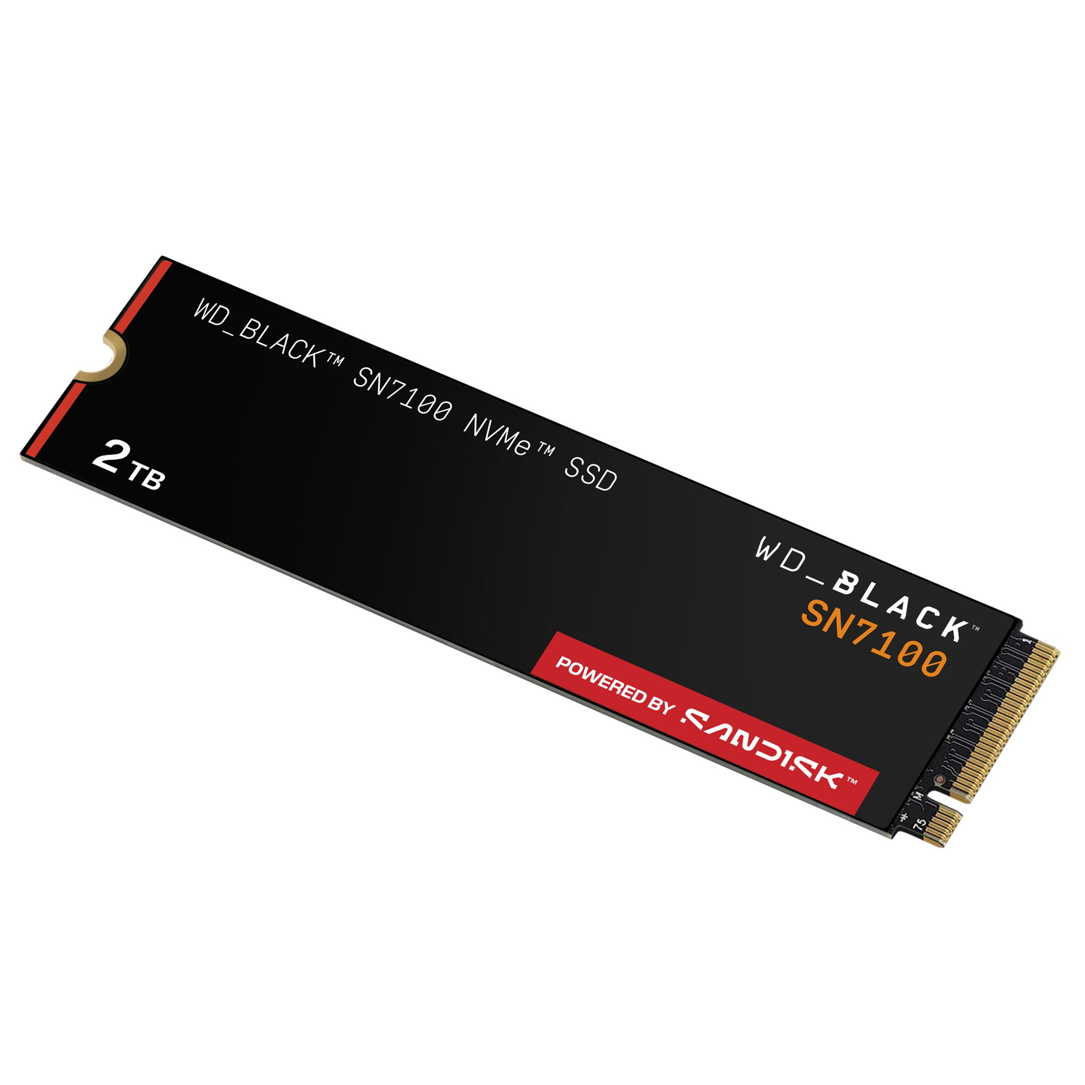 Czarny dysk SSD NVMe WD_BLACK SN7100 o pojemności 2 TB ze złotymi złączami.