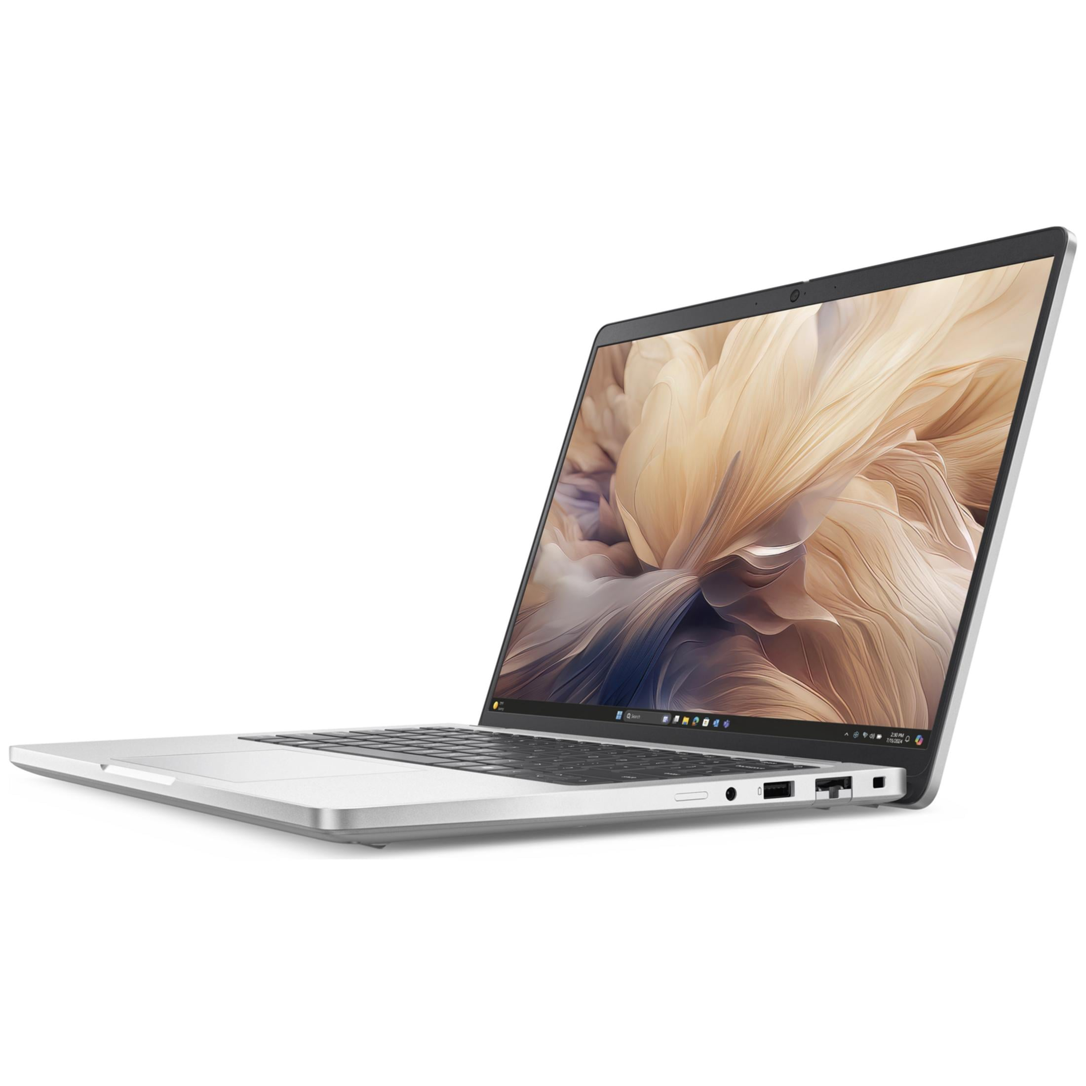 Srebrny laptop z kolorową tapetą abstrakcyjną na ekranie, pokazany z boku.