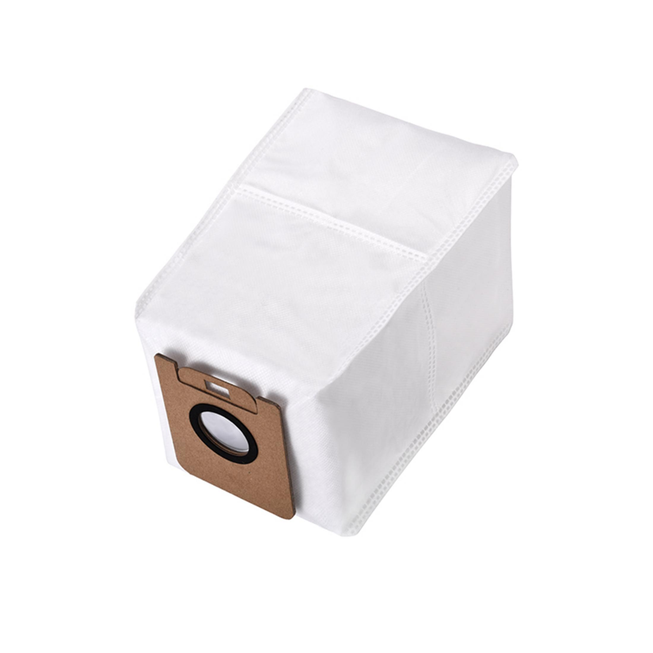 Un sac d'aspirateur blanc avec connecteur marron et bord noir.