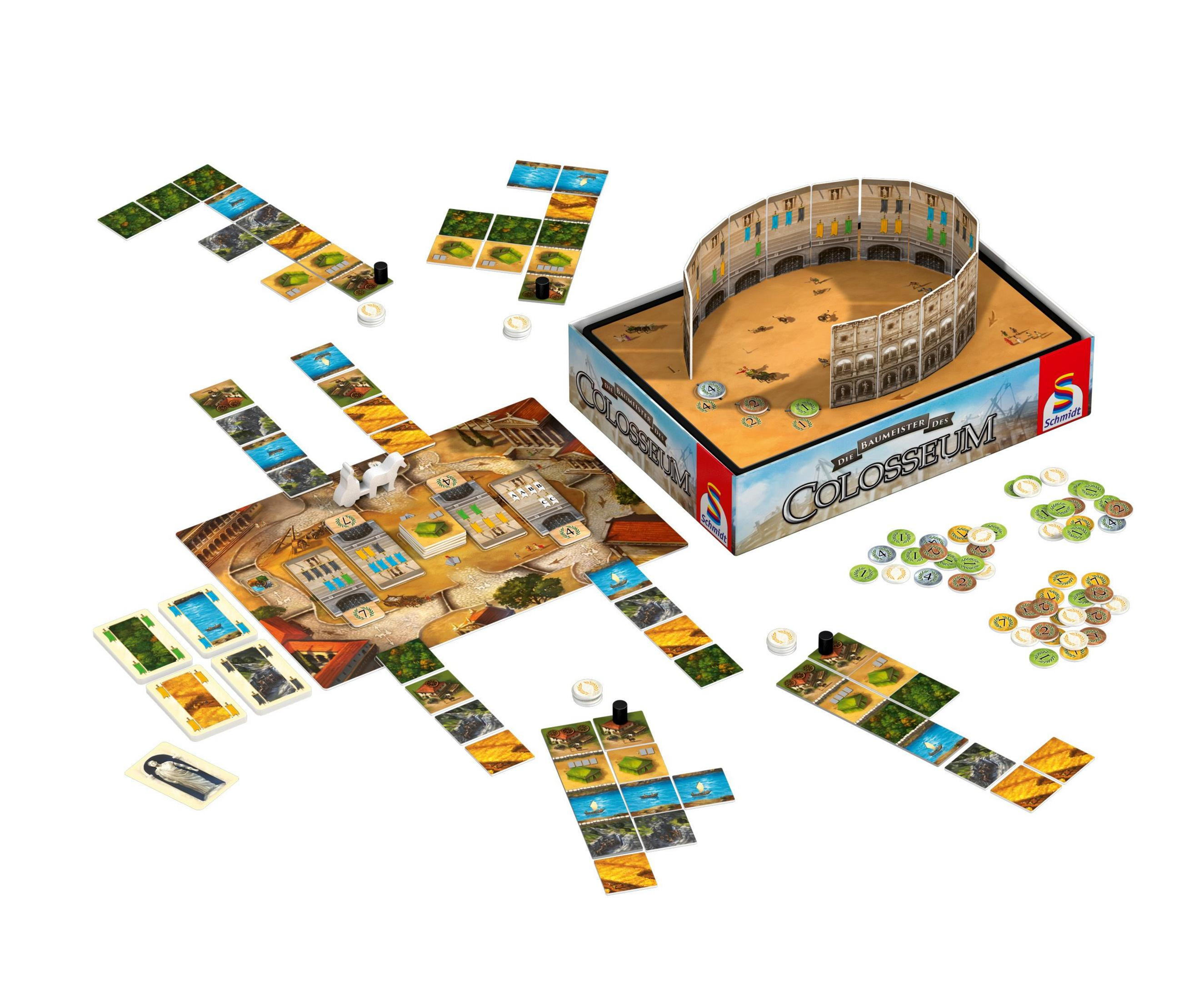 Brettspiel mit Kolosseum-Aufsteller, Spielplan, Karten und Münzen.