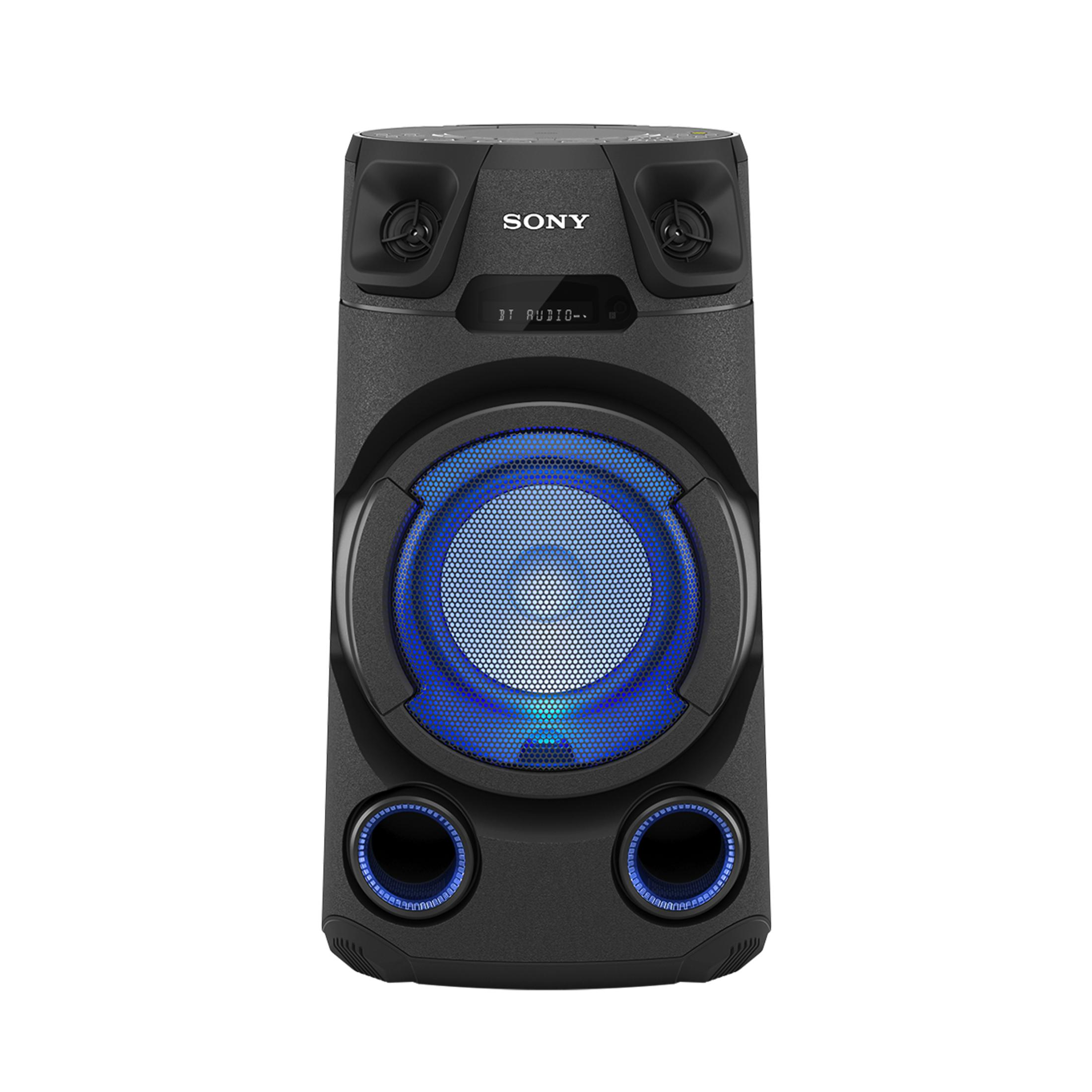 Schwarzer Sony Lautsprecher mit blauer Beleuchtung, vorne.