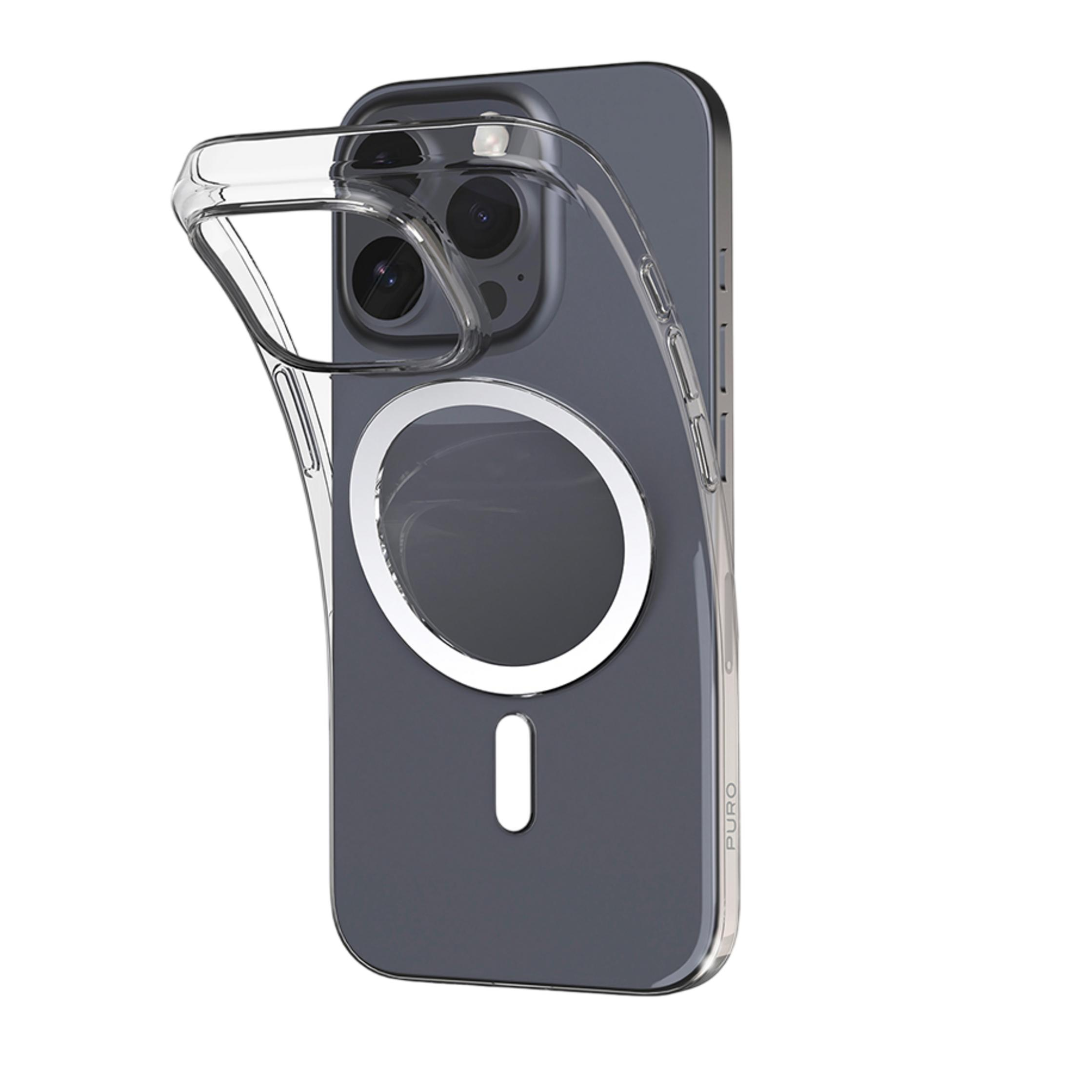 Transparente Hülle mit MagSafe-Ring auf dunklem Smartphone.