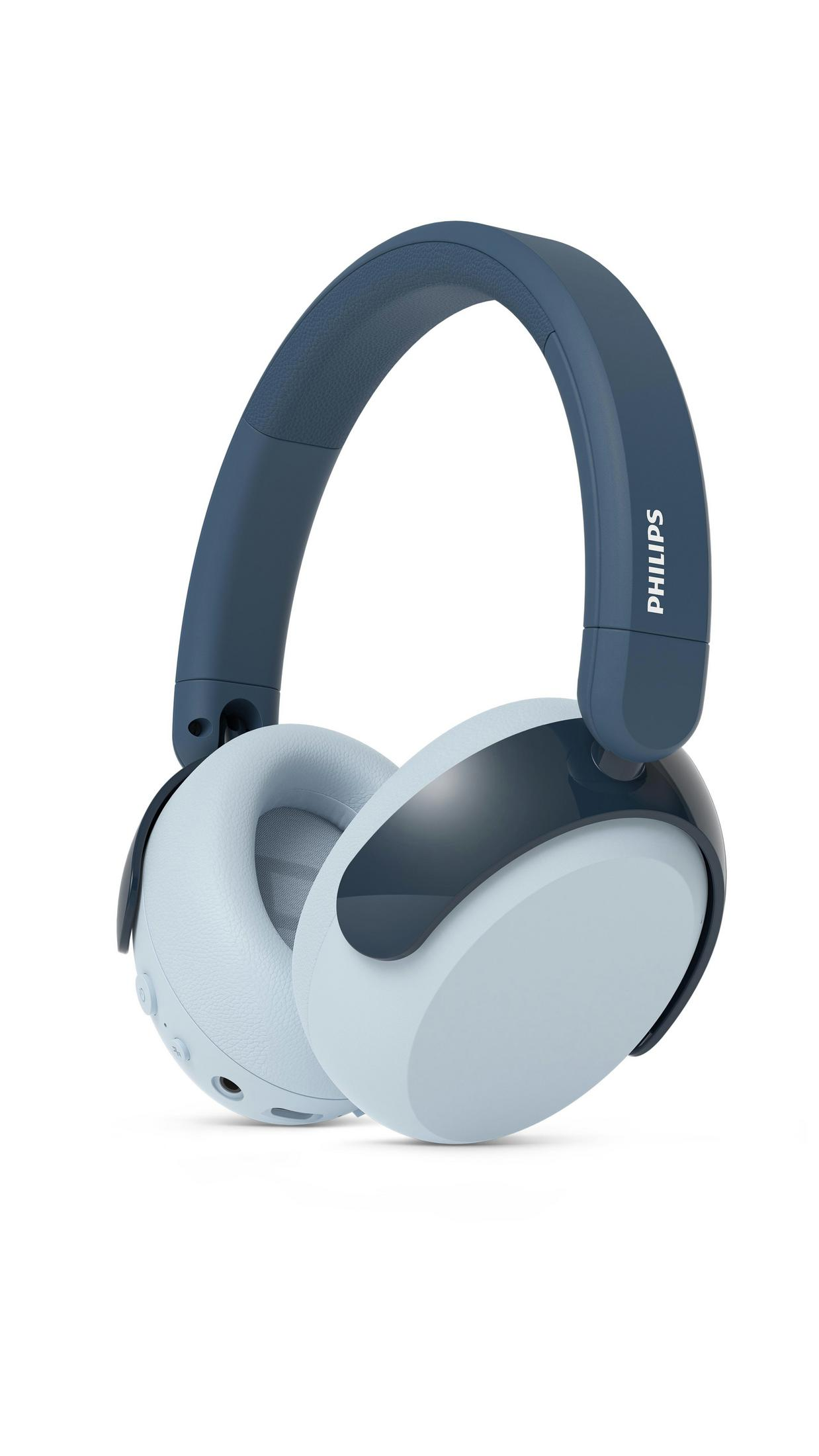 Cuffie Philips blu e grigio chiaro con archetto e padiglioni imbottiti.