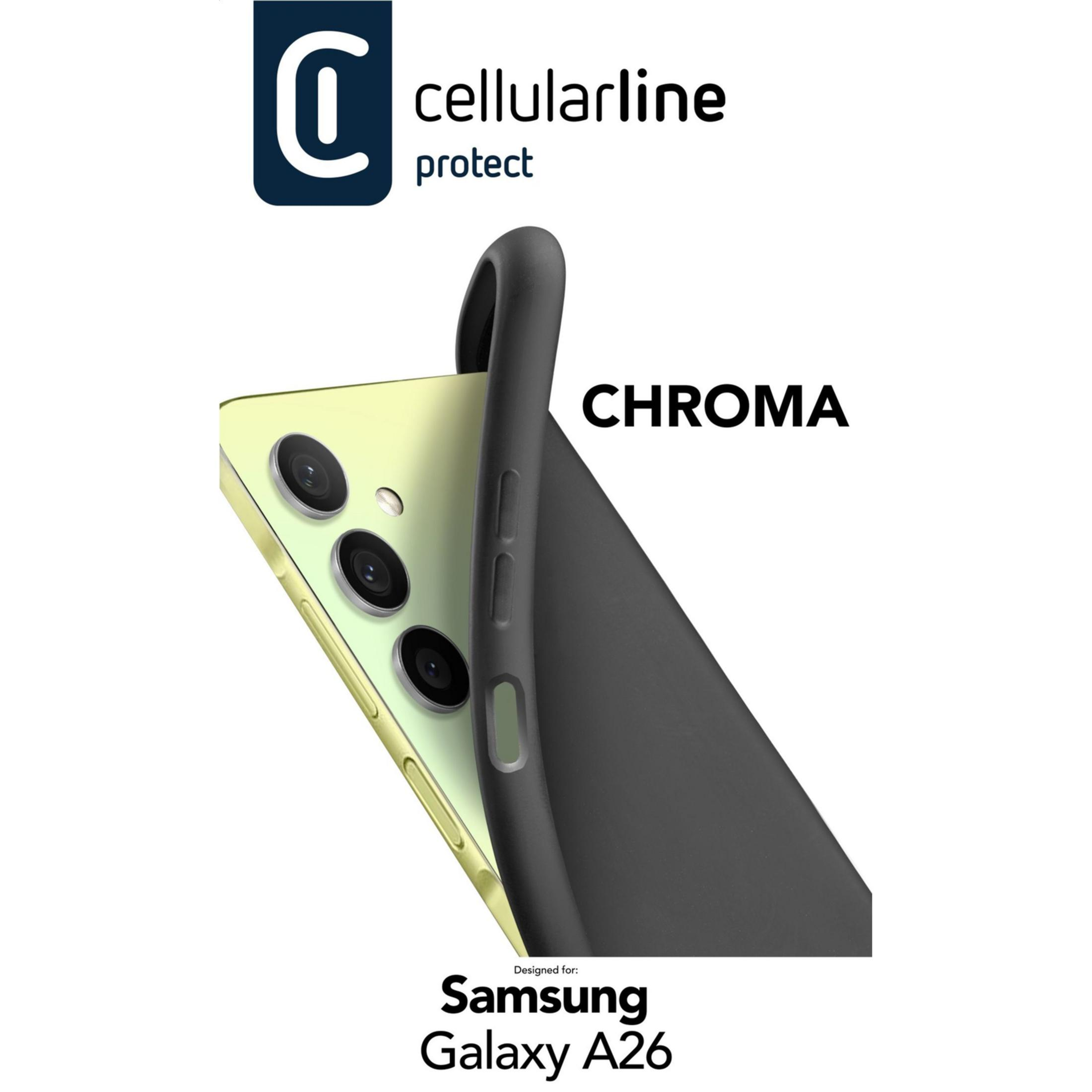 Una custodia grigio scuro è mostrata su un Samsung Galaxy A26 giallo chiaro.
