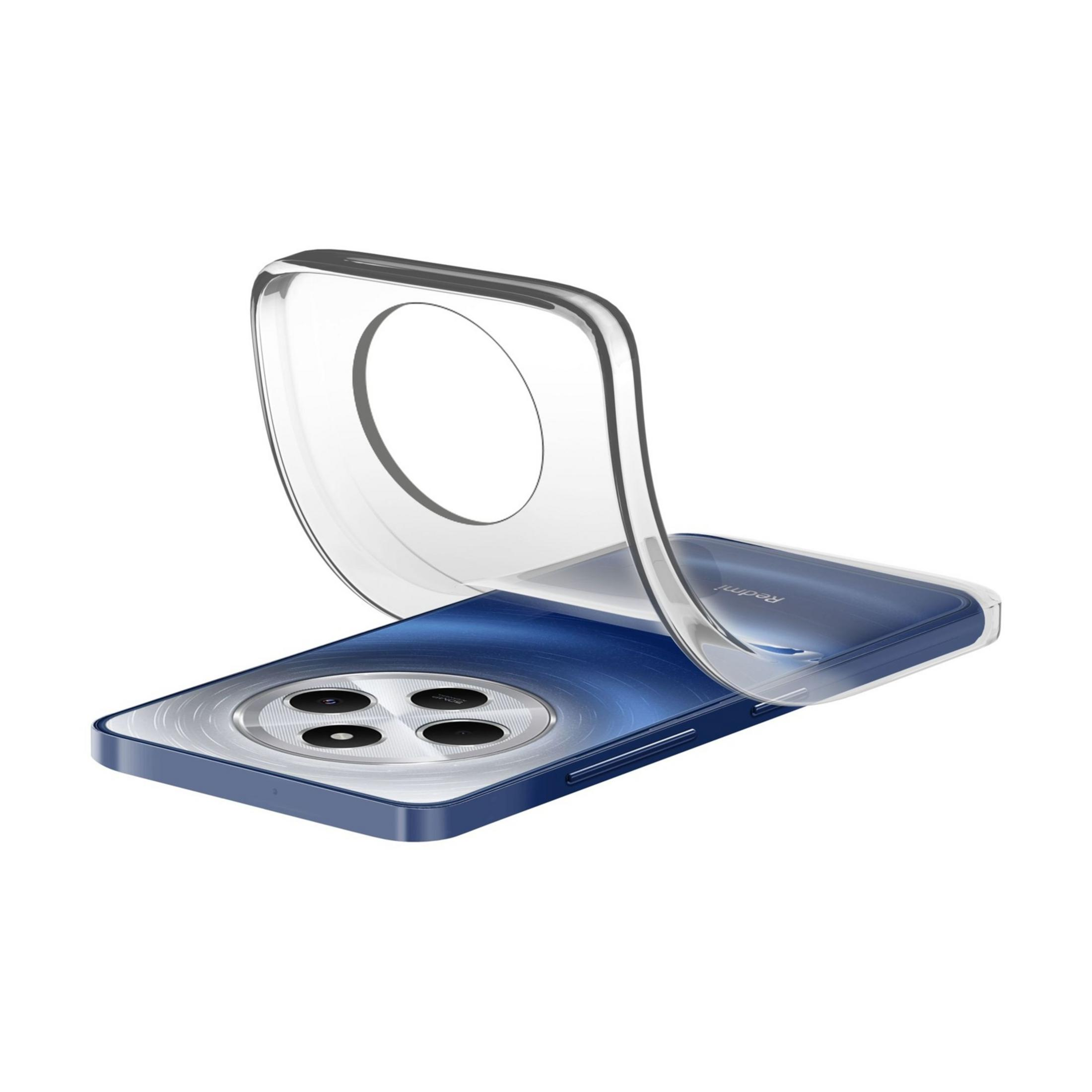 Ein durchsichtiger Handyhülle liegt über einem blauen Smartphone mit drei Kameras.