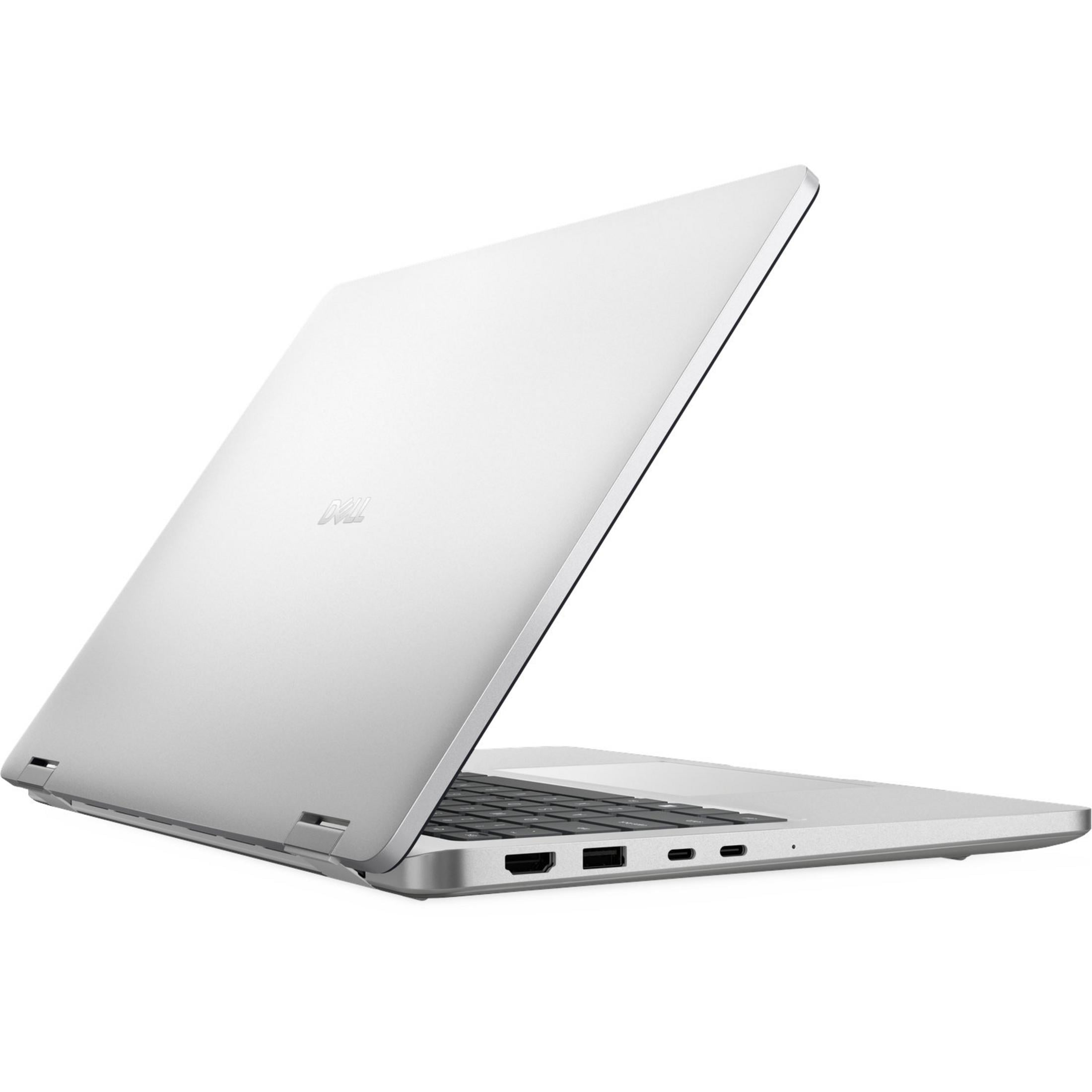 Srebrny laptop Dell z otwartą pokrywą na białym tle.