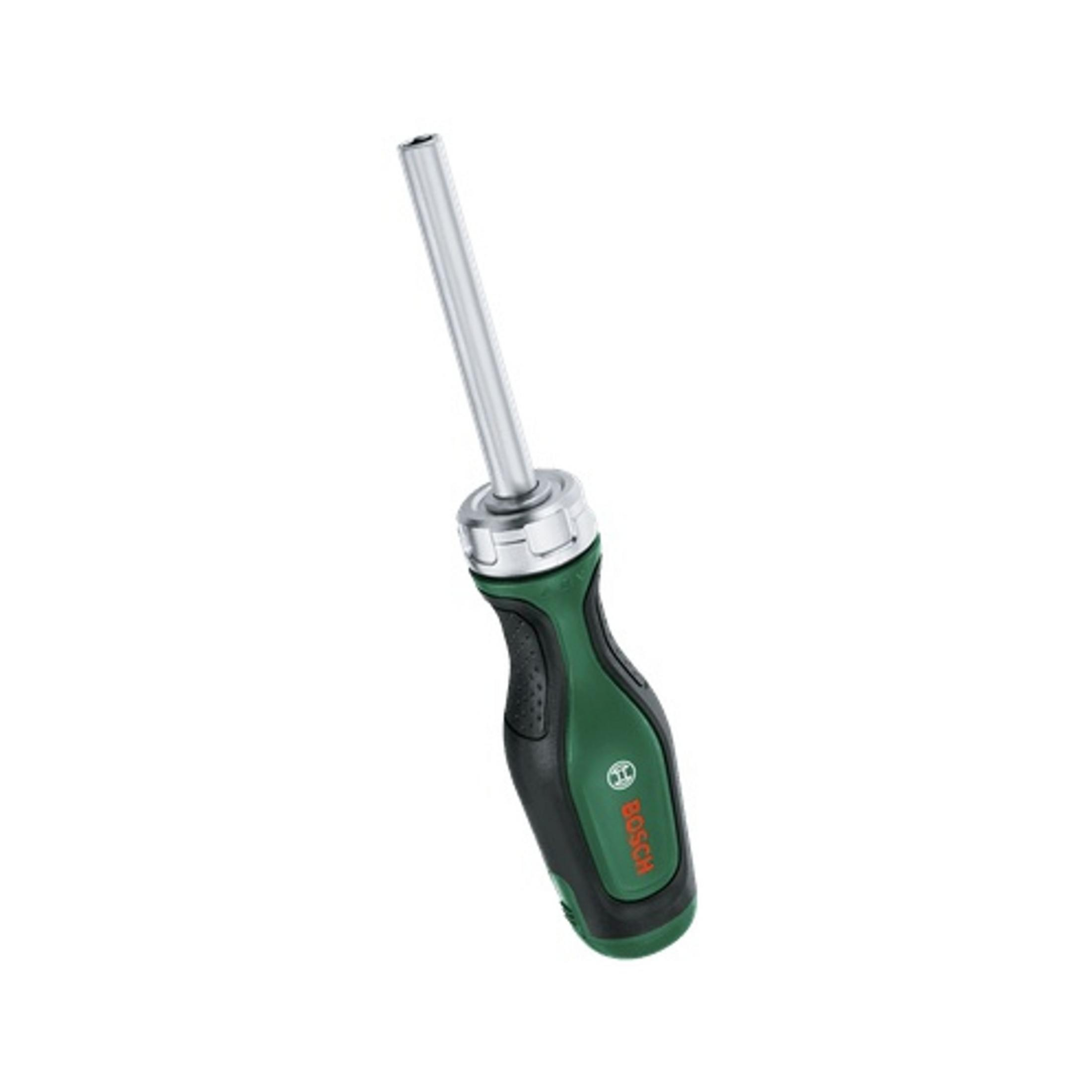 Un cacciavite Bosch con manico verde e asta argentata.