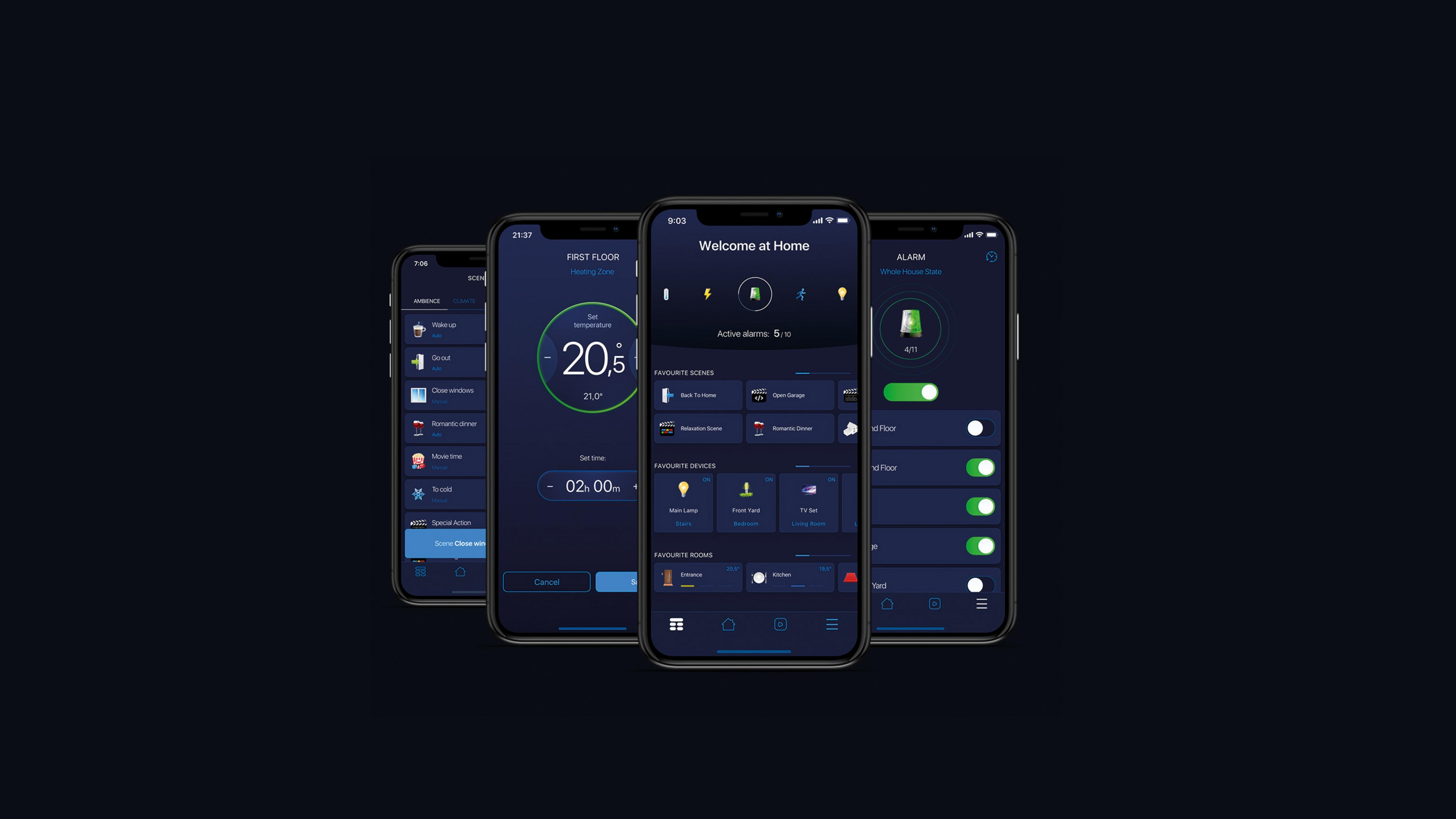 Mehrere Smartphone-Bildschirme mit einer Haussteuerungs-App auf dunklem Hintergrund.