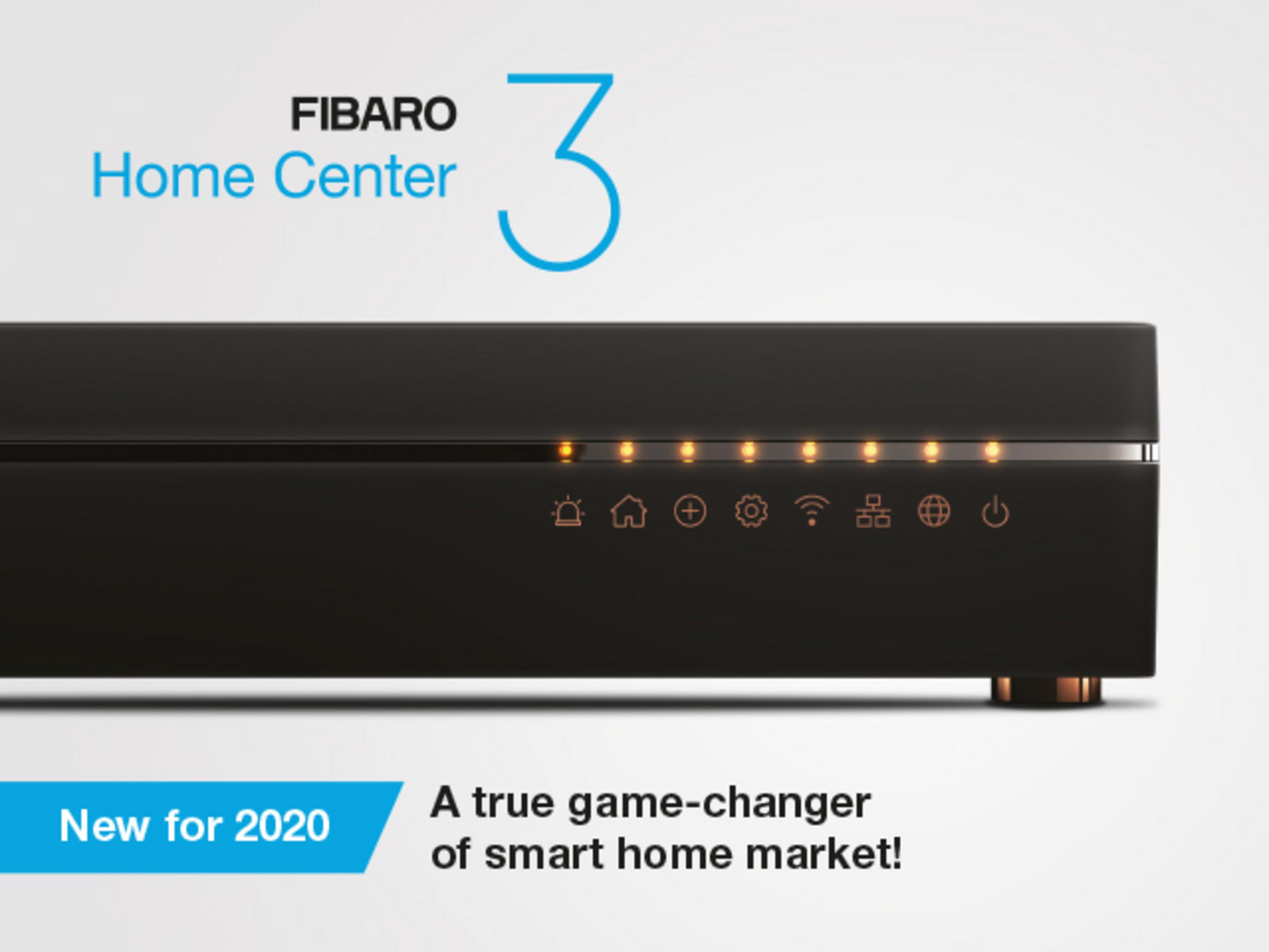 Schwarzes Fibaro Home Center 3 Gerät mit orangen Statusleuchten und Symbolen. Neu 2020.