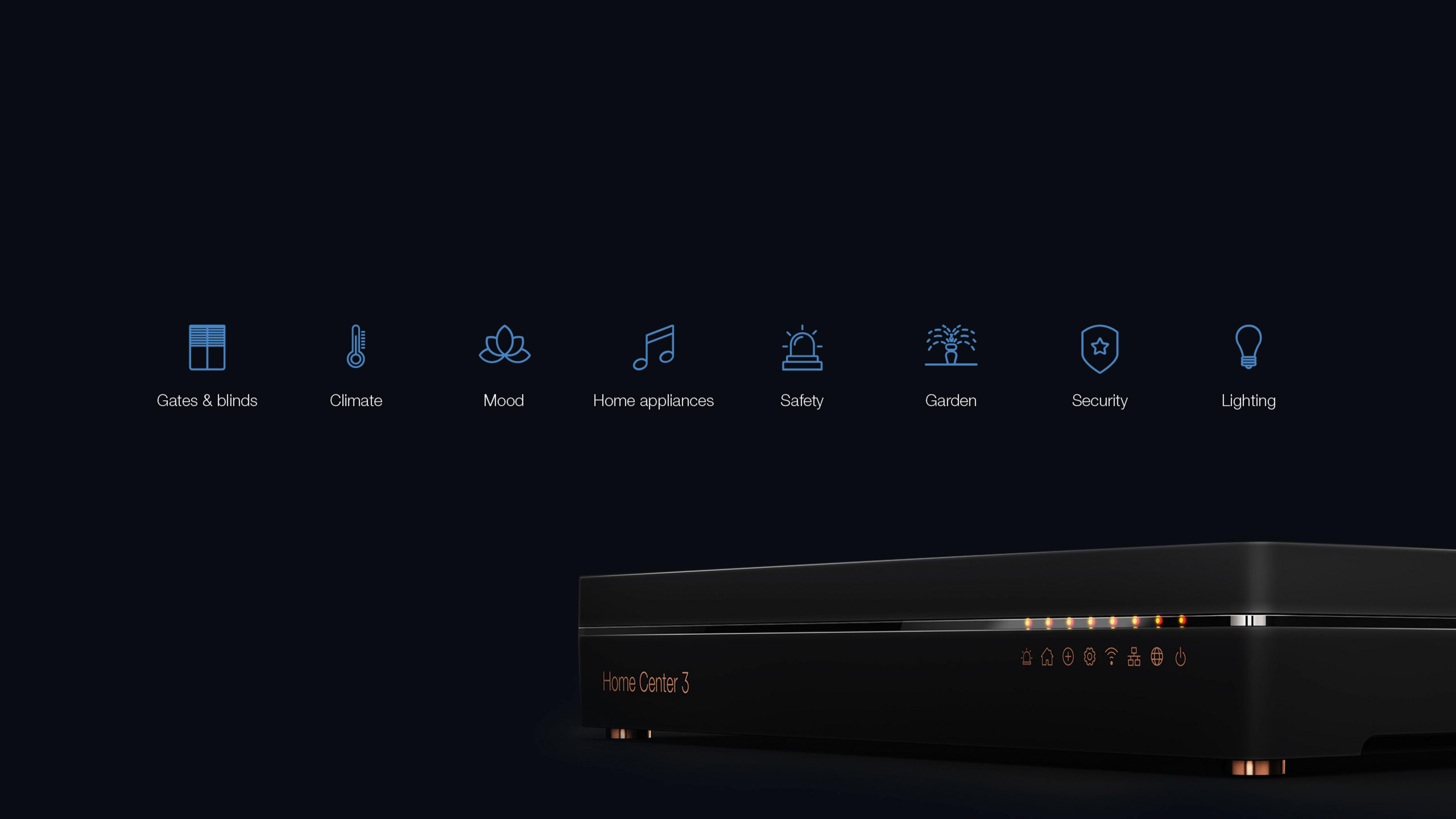 Ein schwarzes Smart-Home-Gerät mit Symbolen für Tore, Klima, Stimmung, Sicherheit.