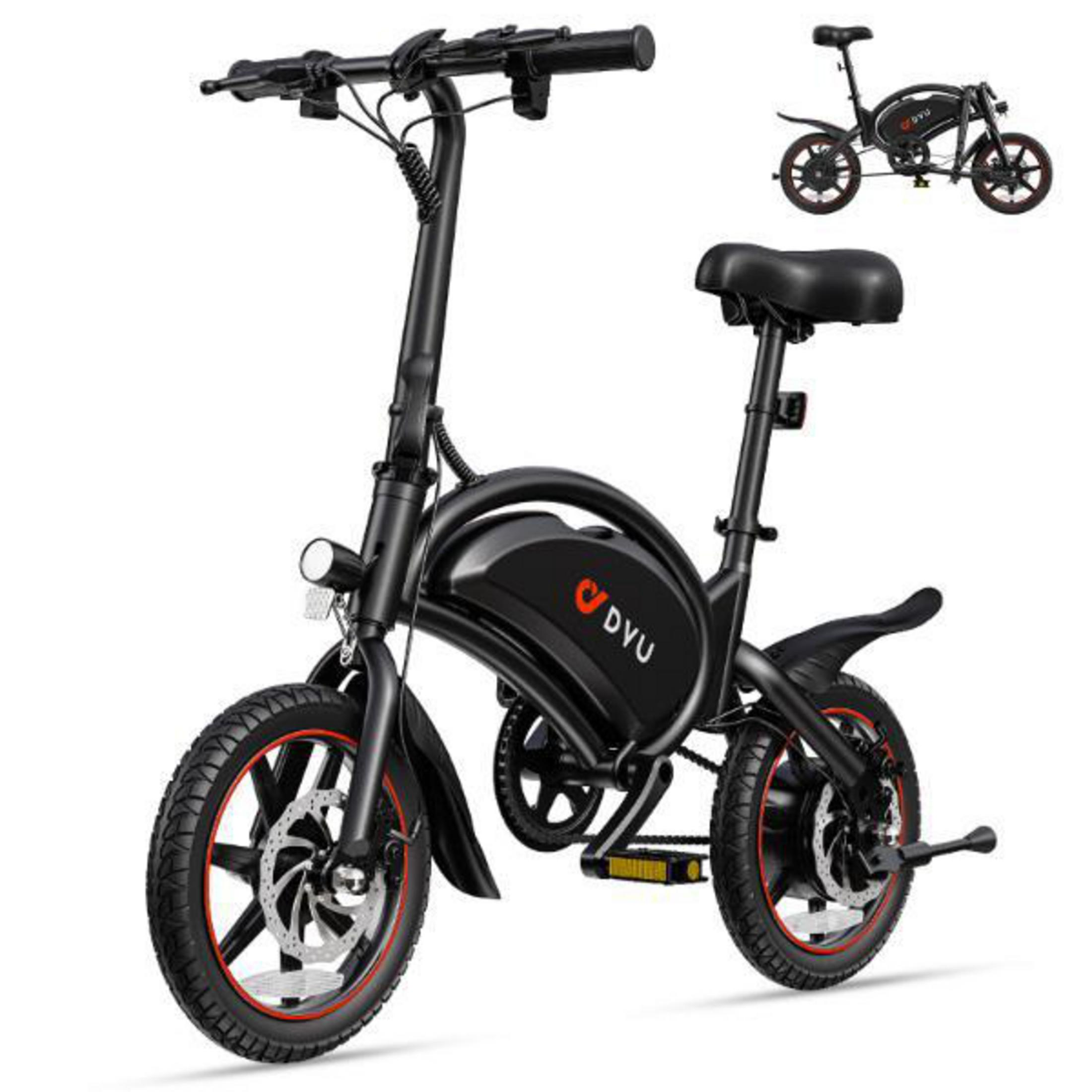Ein schwarzes, faltbares Elektrofahrrad mit roter Felgenverzierung. Ein kleineres Bild ist eingesetzt.