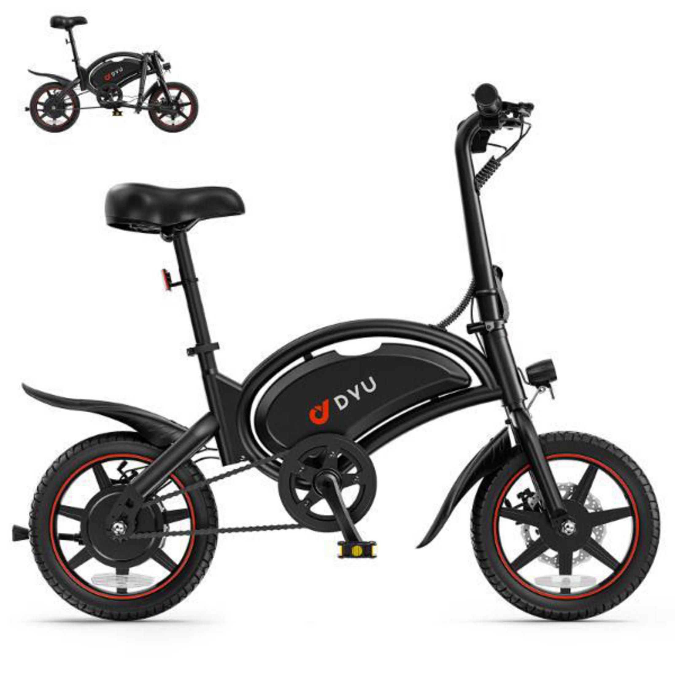 Ein schwarzes faltbares E-Bike mit roten Akzenten auf den Rädern.