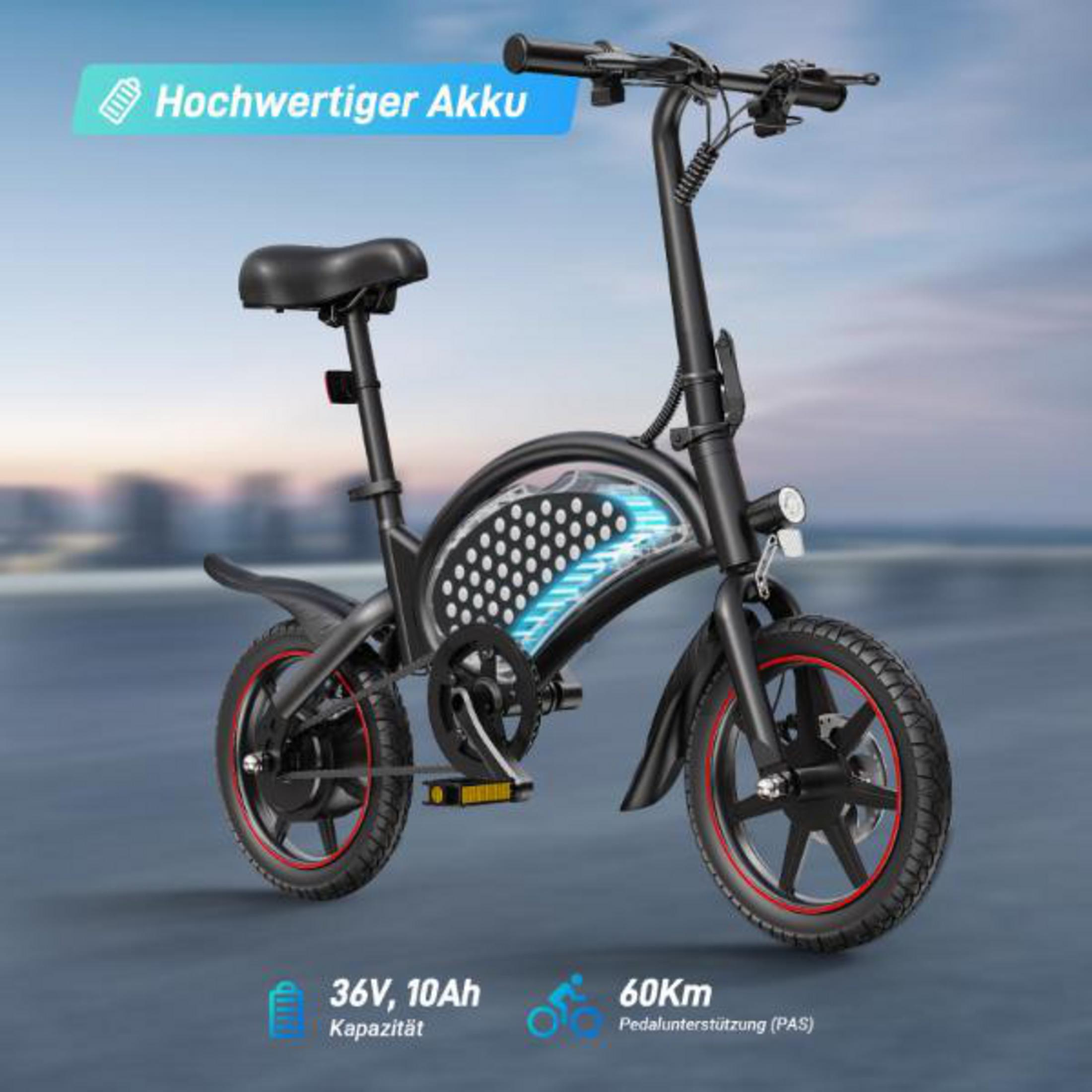 Schwarzes E-Bike mit roten Akzenten, Akkustatusanzeige und Stadtkulisse.
