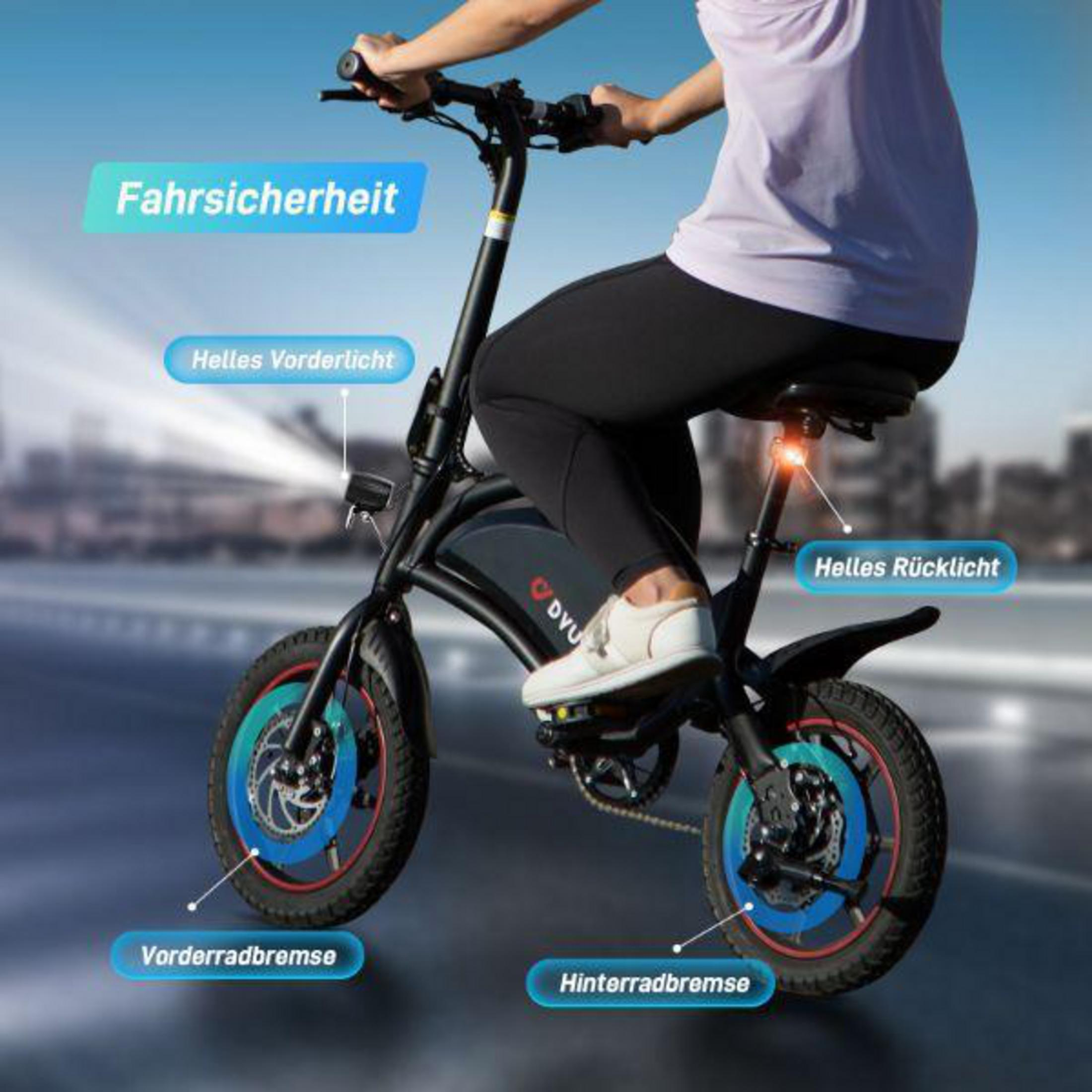 Person fährt E-Scooter, beleuchtet vorne und hinten.