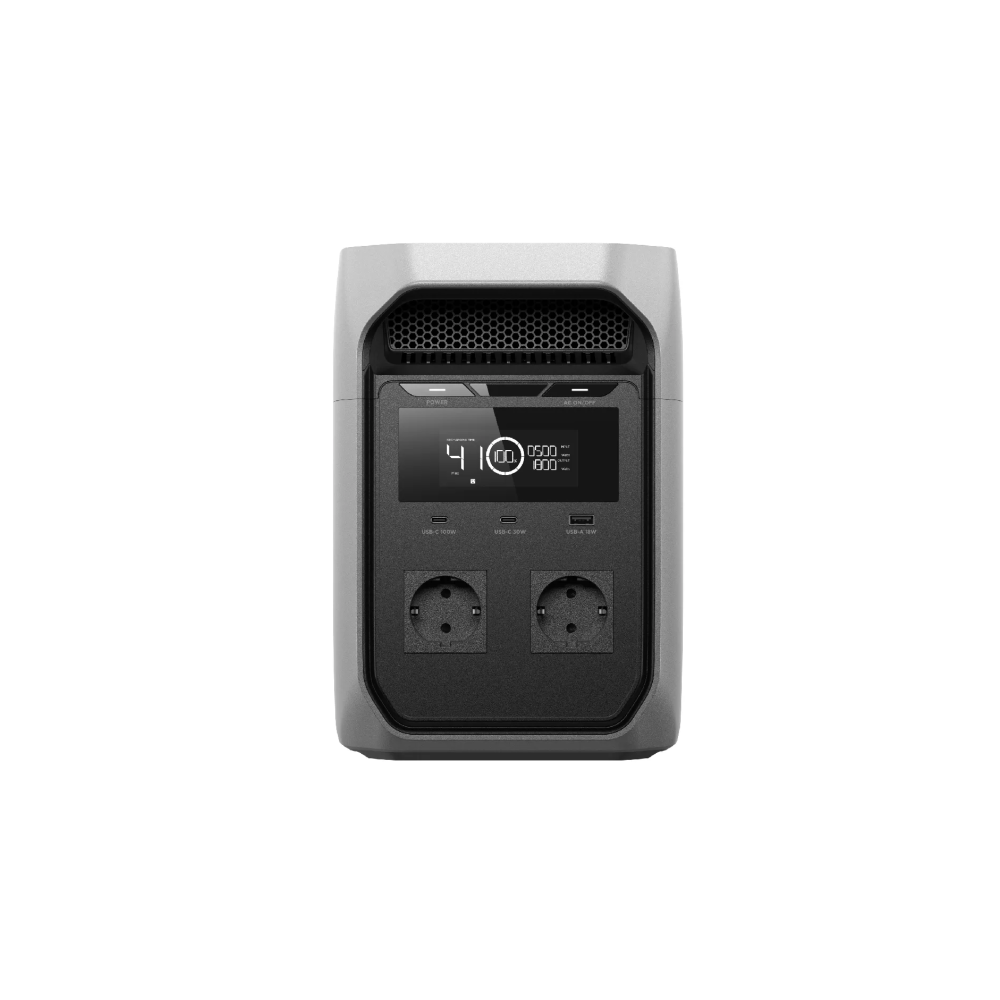 Gray power station with display, two outlets and USB ports.
