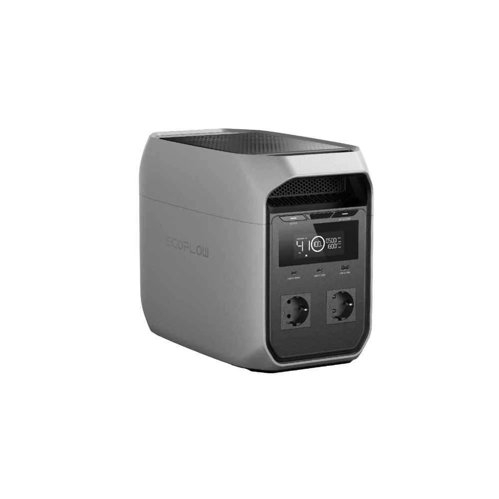 Gray portable power station with display and outlets.