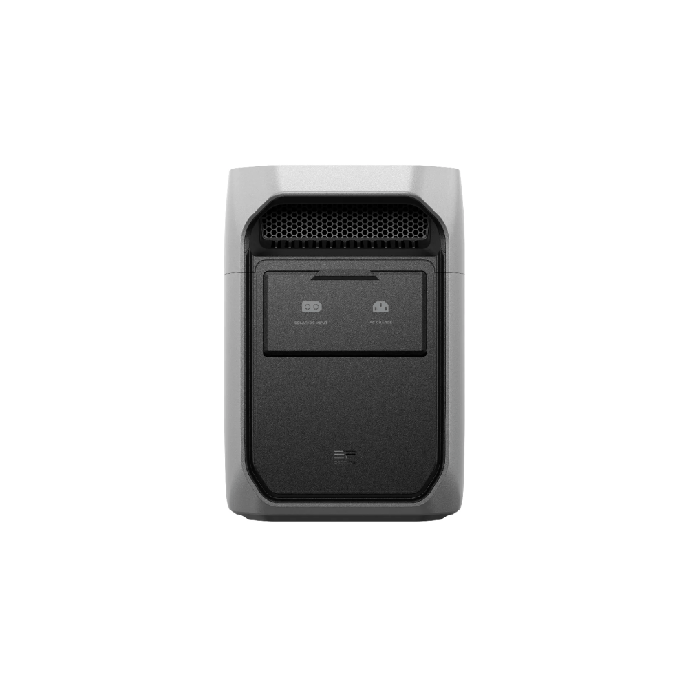 Gray portable power station with black control panel showing solar/DC and AC input ports.