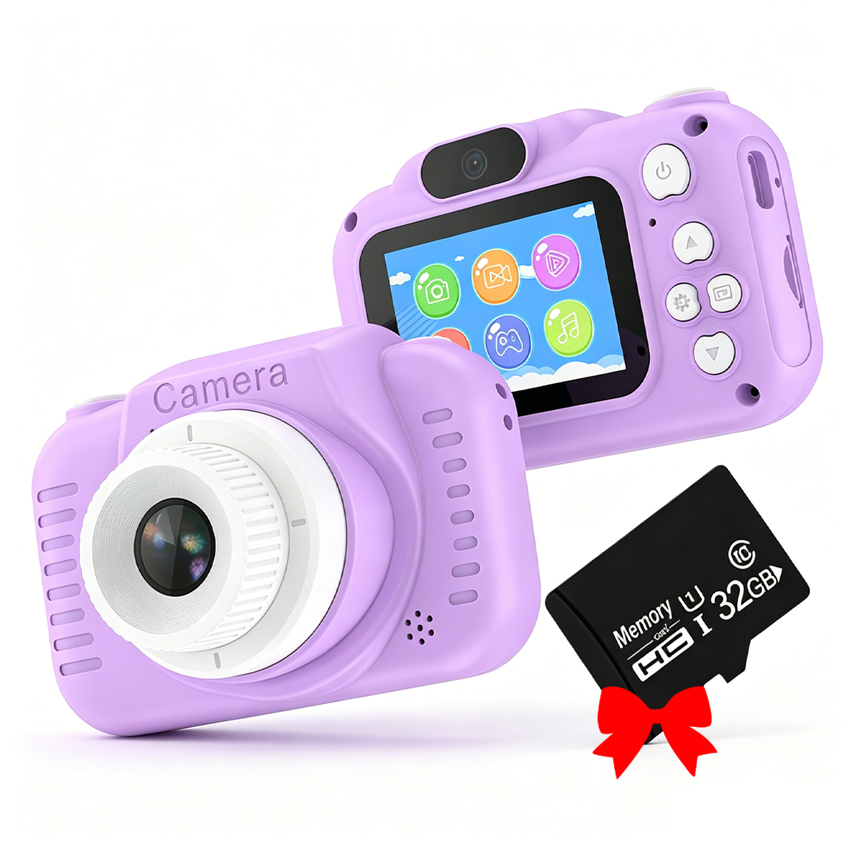 Lila Digitalkamera mit SD-Karte und roter Schleife auf weißem Hintergrund.
