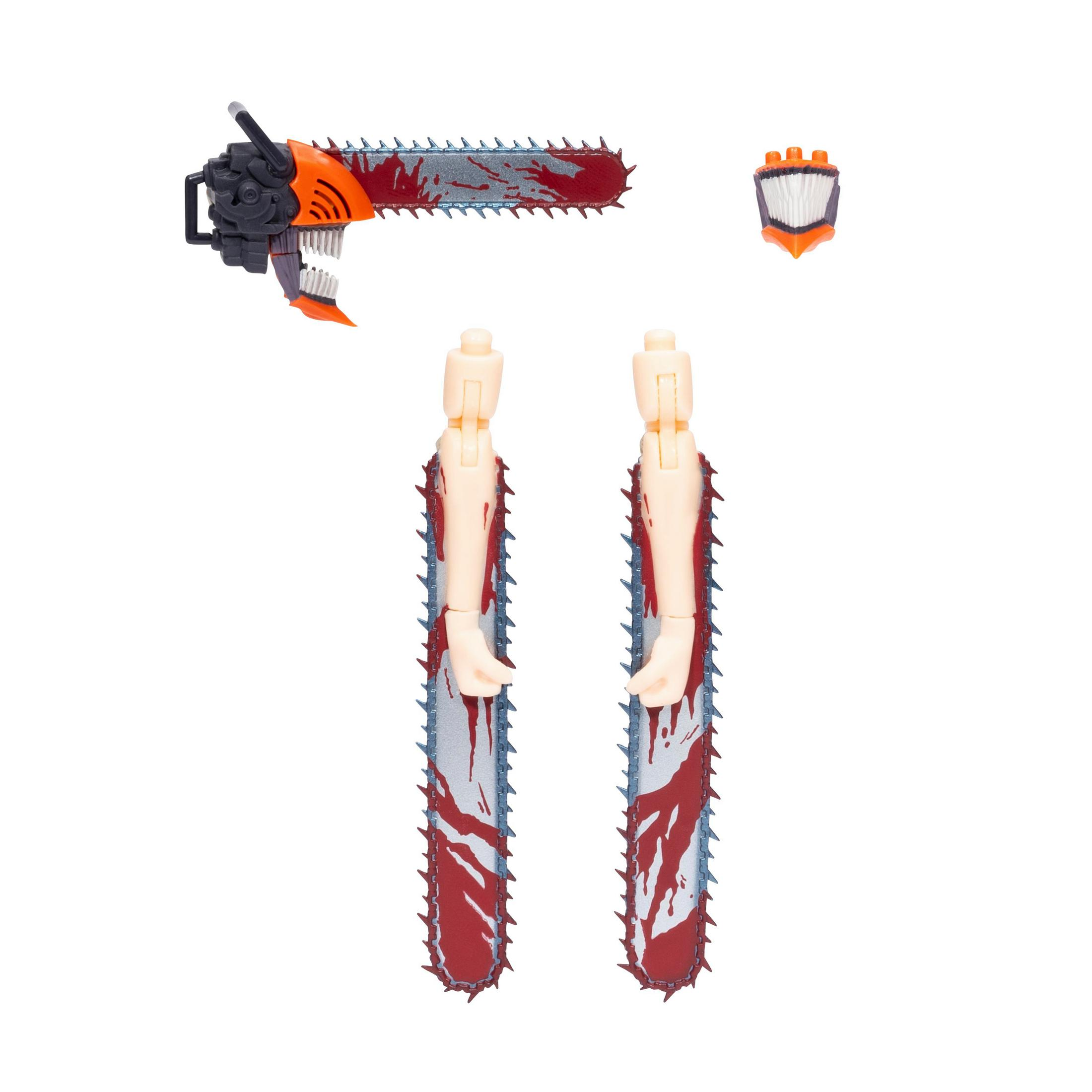 Ein orange-grauer Kettensägenkopf, ein orangefarbener Griff und zwei Arme mit Sägeblättern.