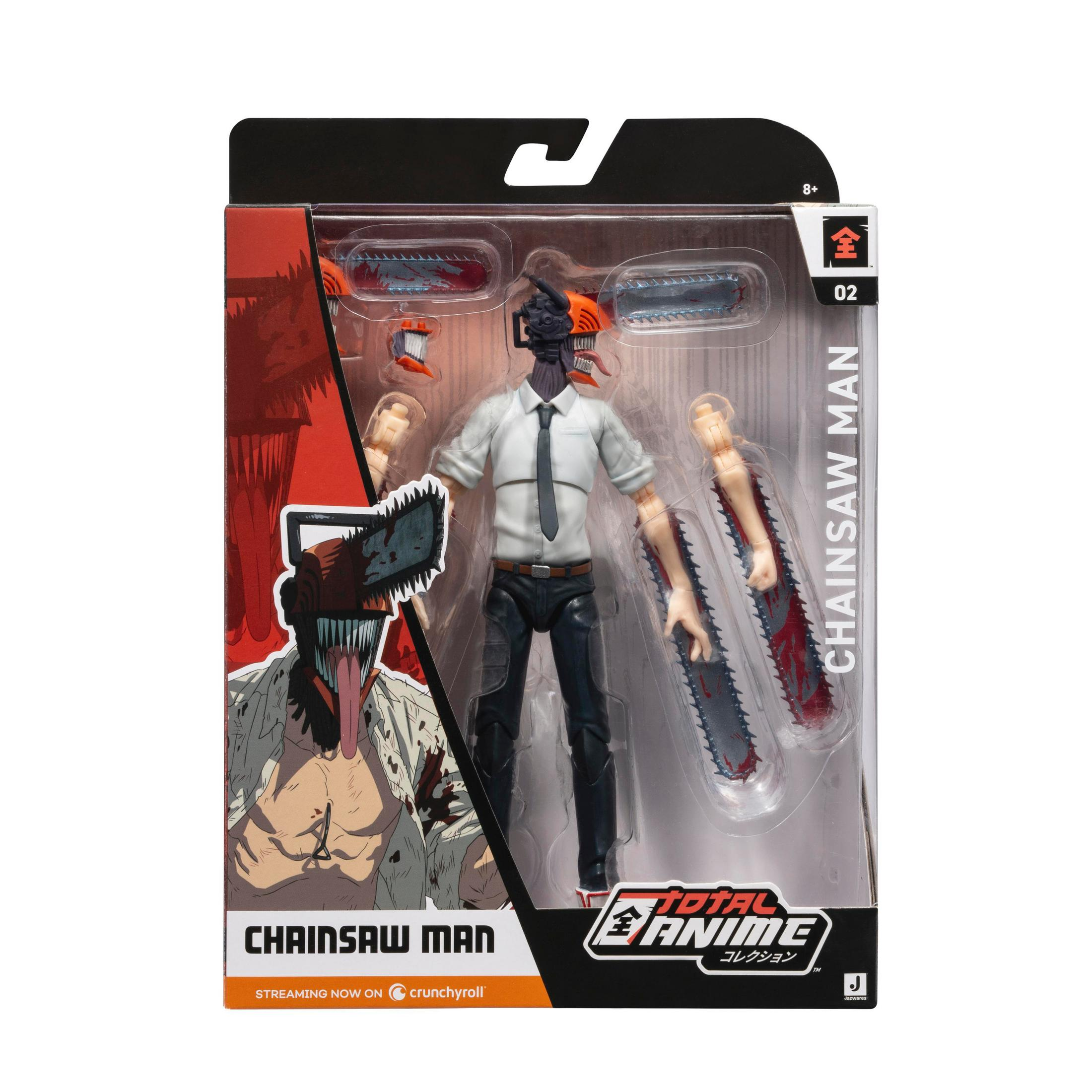 Actionfigur von Chainsaw Man in Verpackung, mit Zubehör wie Kettensägen.