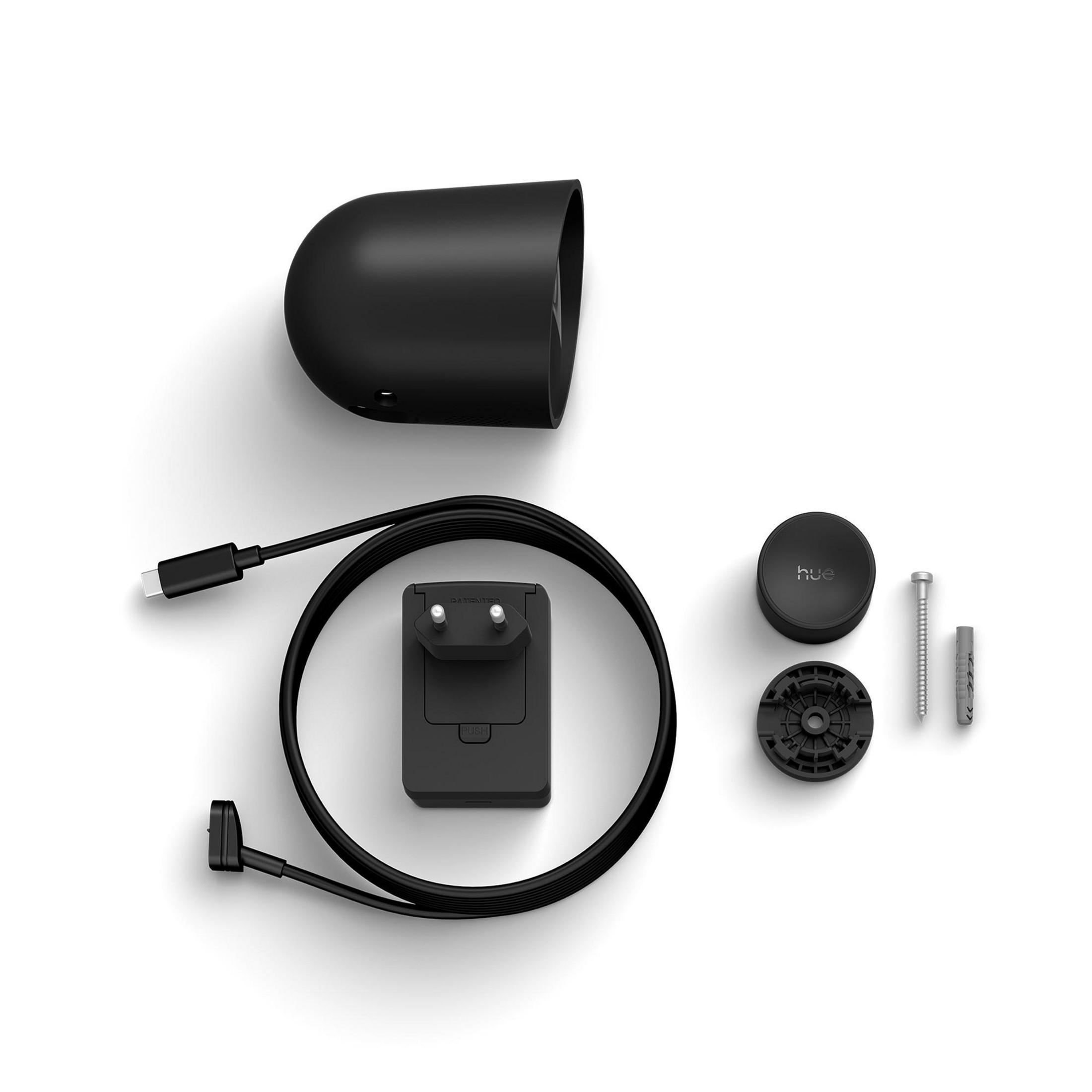 Accesorios Hue negros: soporte, cable USB-C, adaptador de corriente, tornillo y taco.