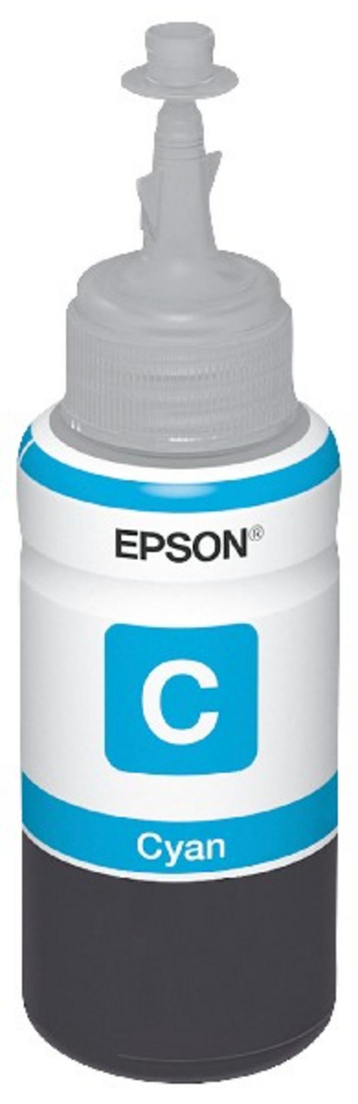 Eine Flasche Epson Cyan Tintenflüssigkeit mit einem blauen Band und dem Buchstaben C.