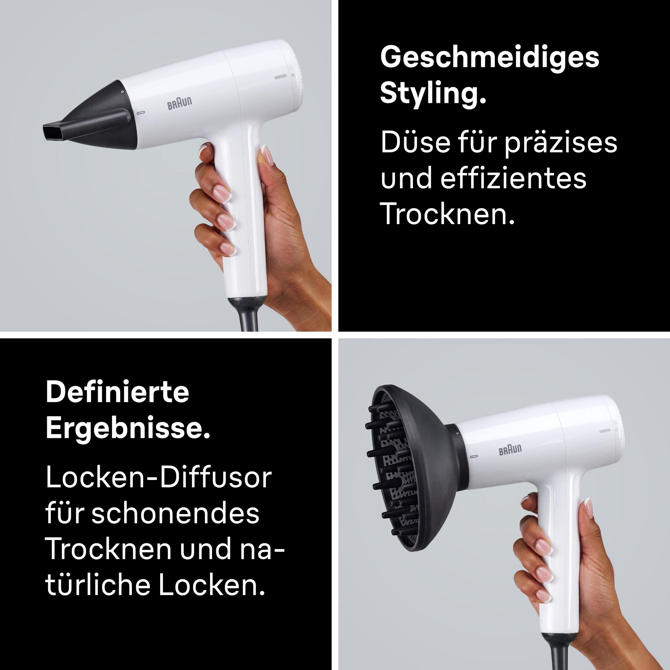 Weiße Haartrockner mit verschiedenen Aufsätzen, gehalten von einer Hand.