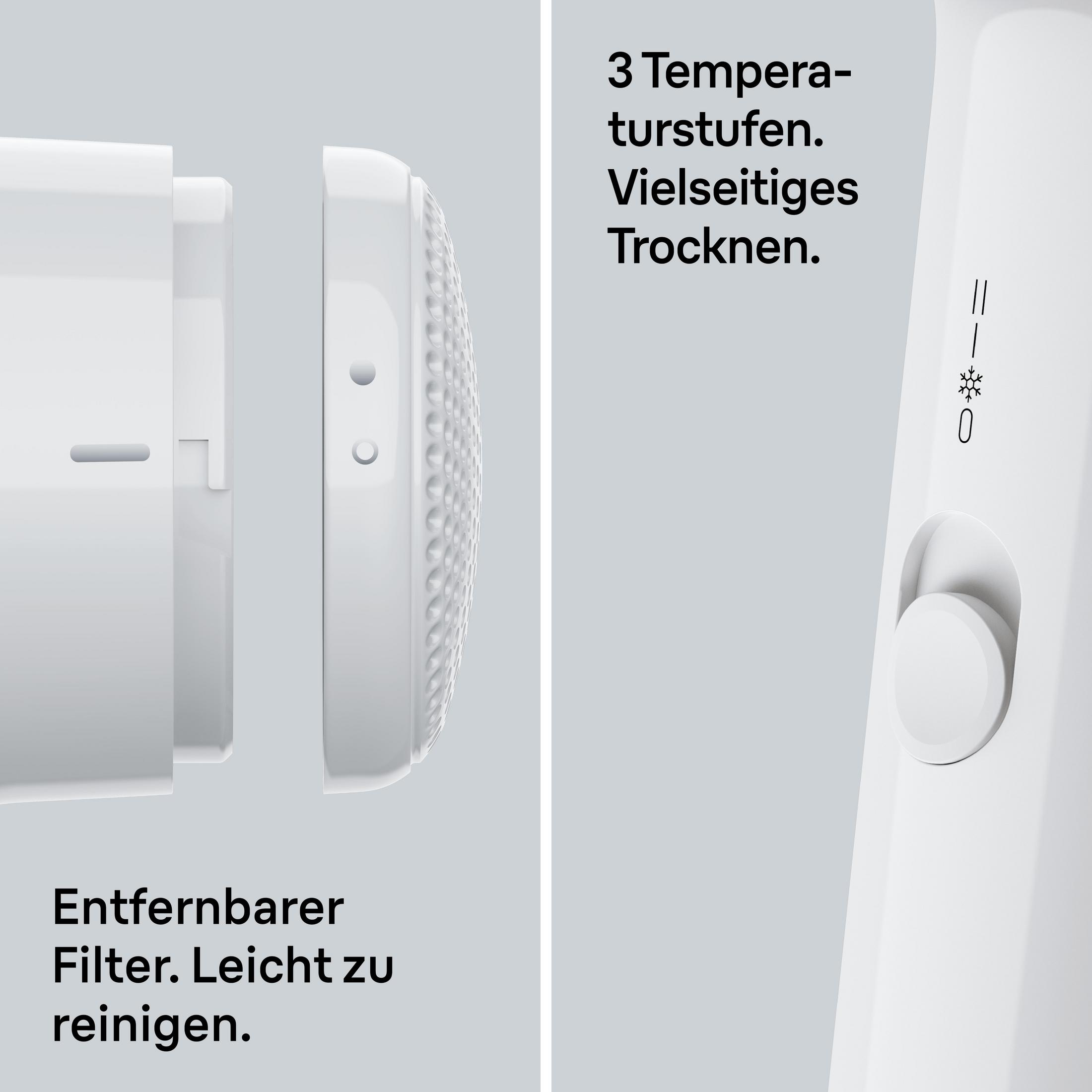 Ein weißer Haartrockner mit 3 Heizstufen, kühlem Knopf und abnehmbarem Filter.