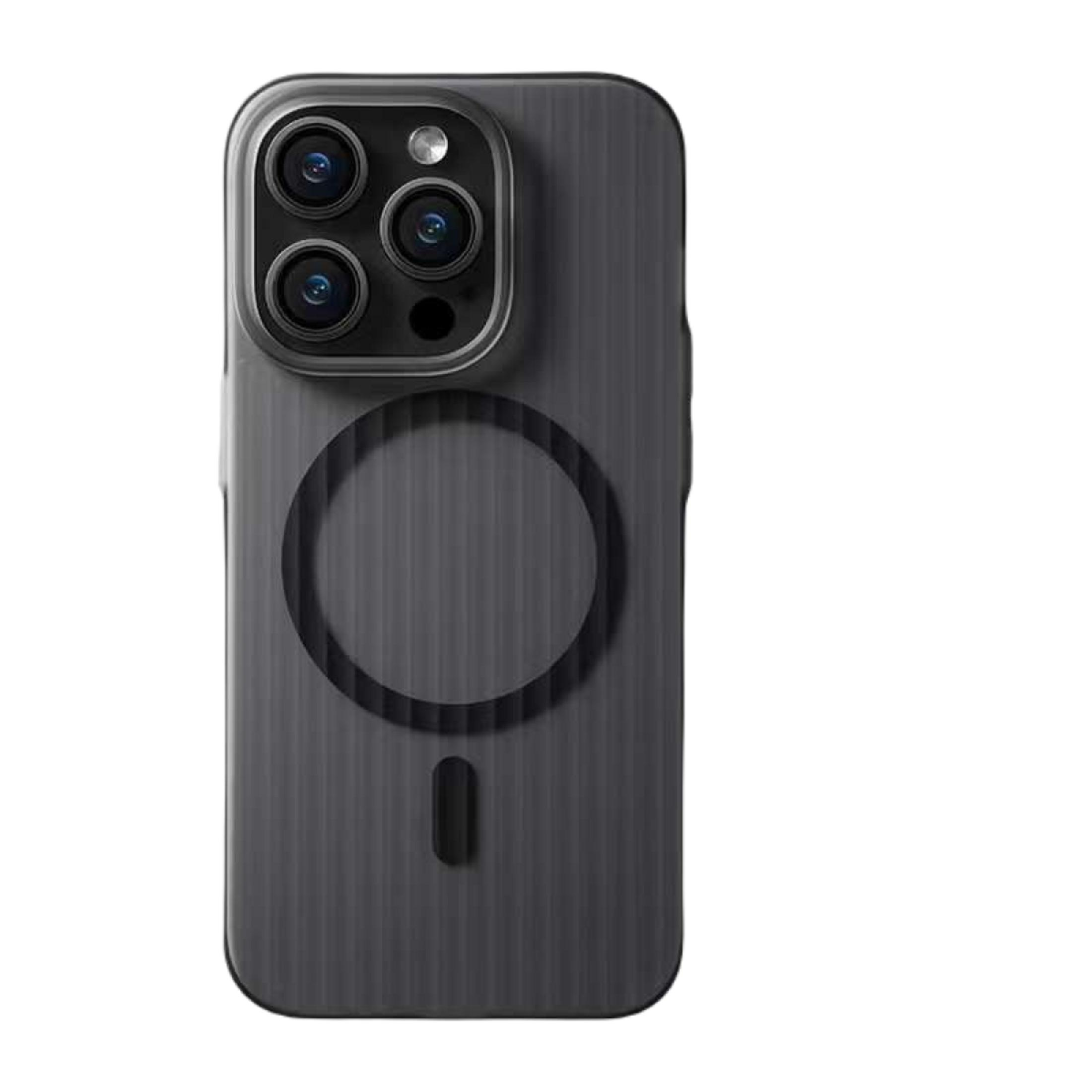 Dikey oluklu, kamera modüllü ve manyetik halkalı gri telefon kılıfı.