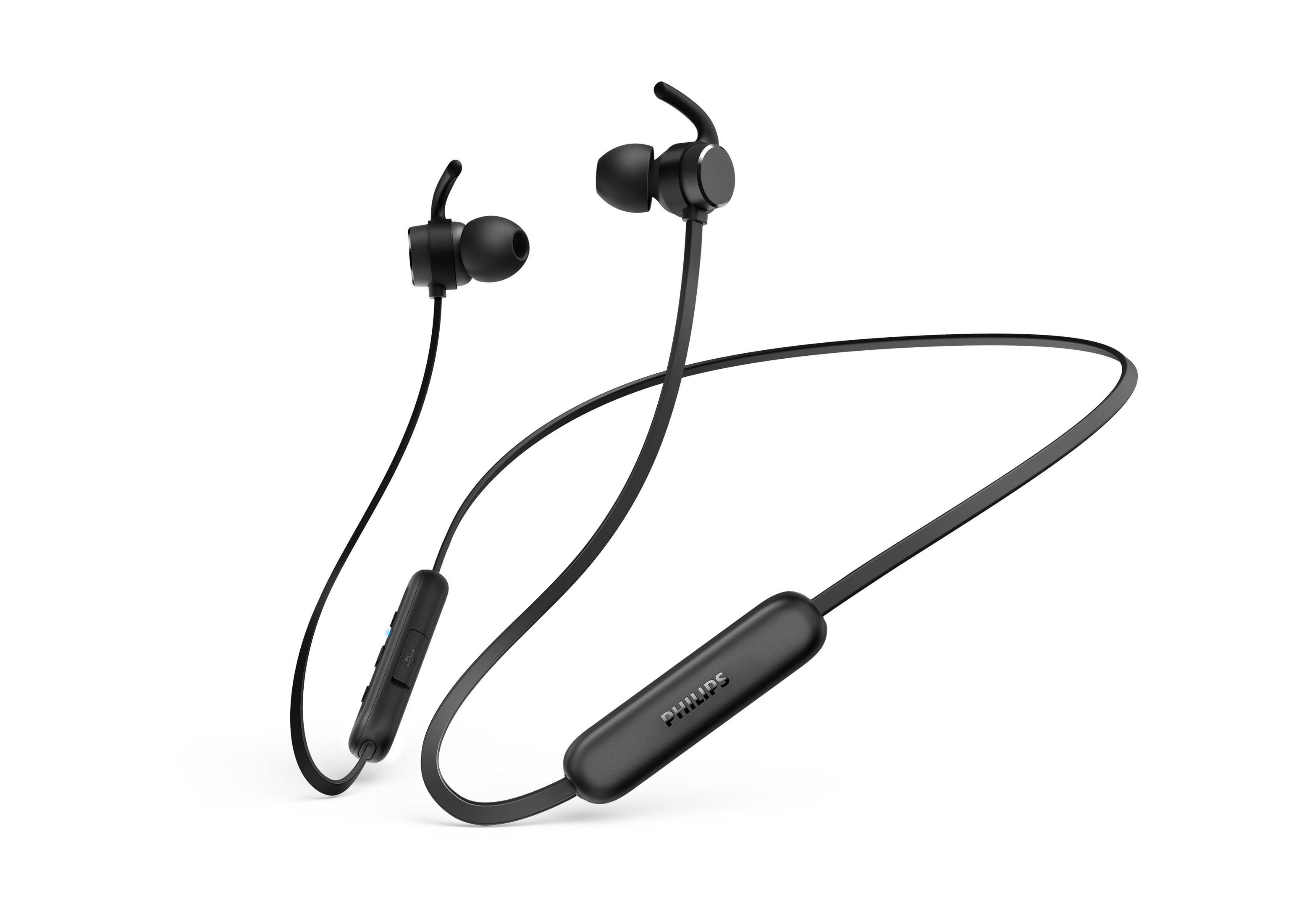 Schwarze kabellose Kopfhörer mit Nackenband und In-Ear-Stöpseln, auf weißem Hintergrund.