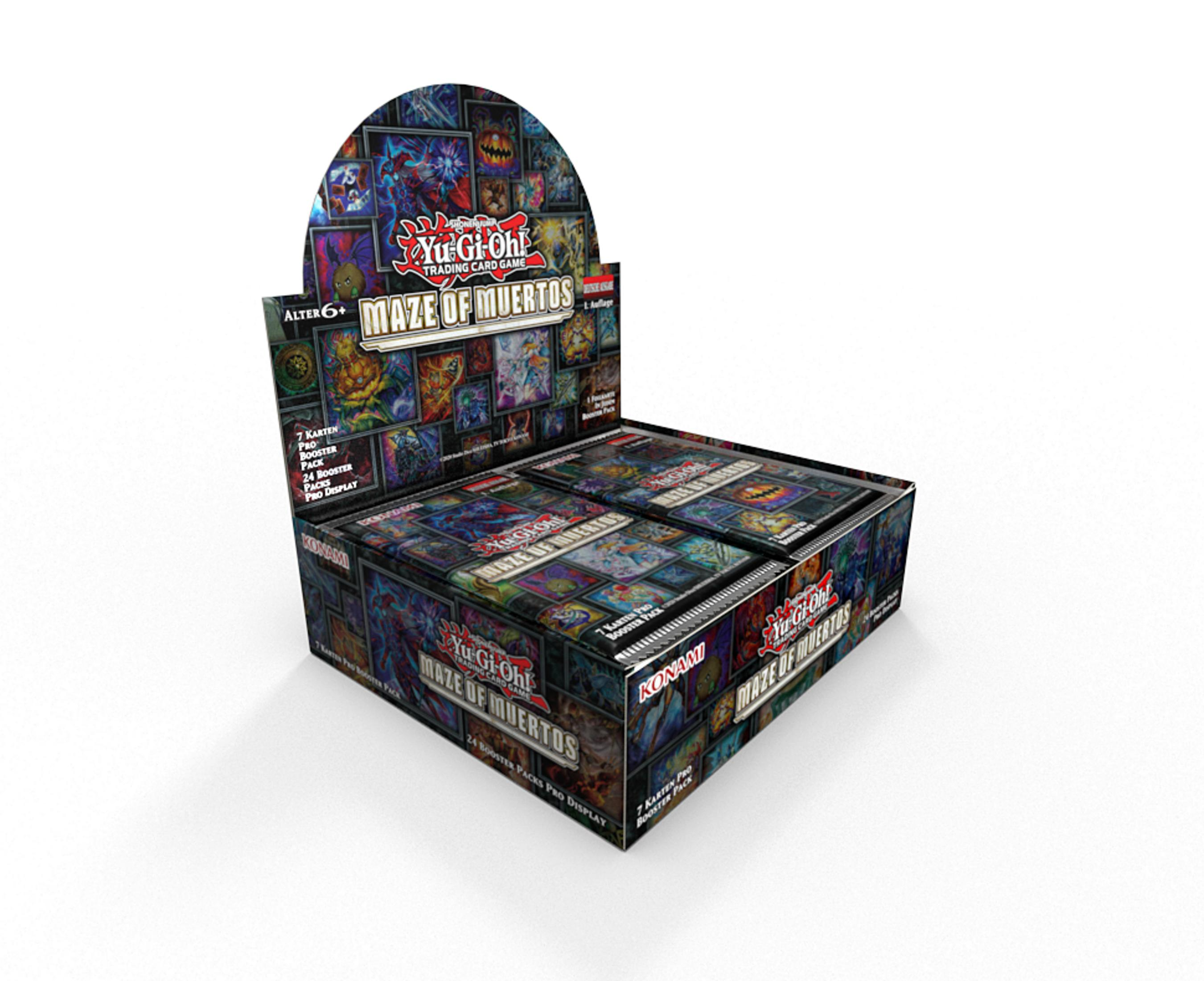 Yu-Gi-Oh! Maze of Muertos Booster Display mit vielen Kartenmotiven.