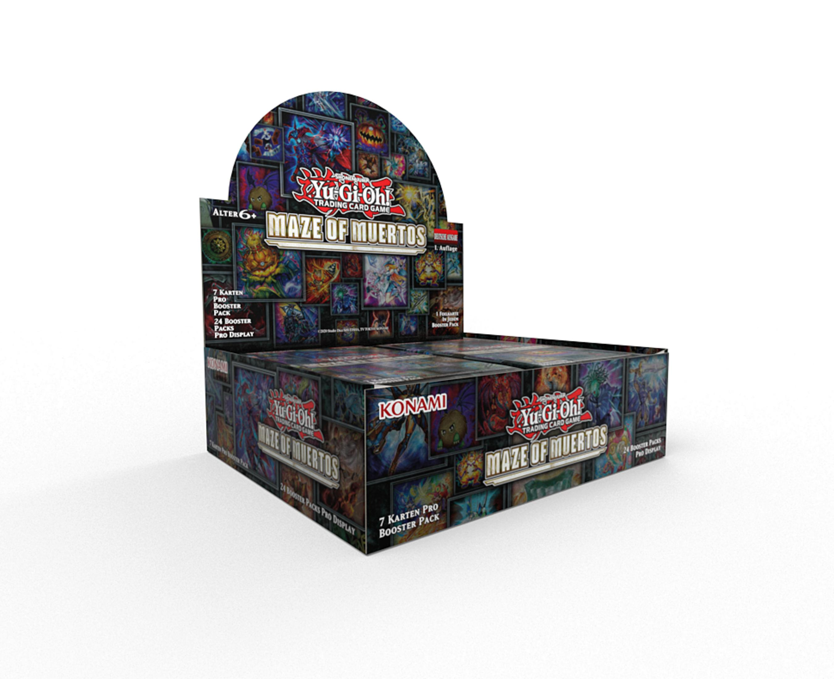 Eine Yu-Gi-Oh! "Maze of Muertos" Booster Display-Box mit Bildern von Spielkarten.